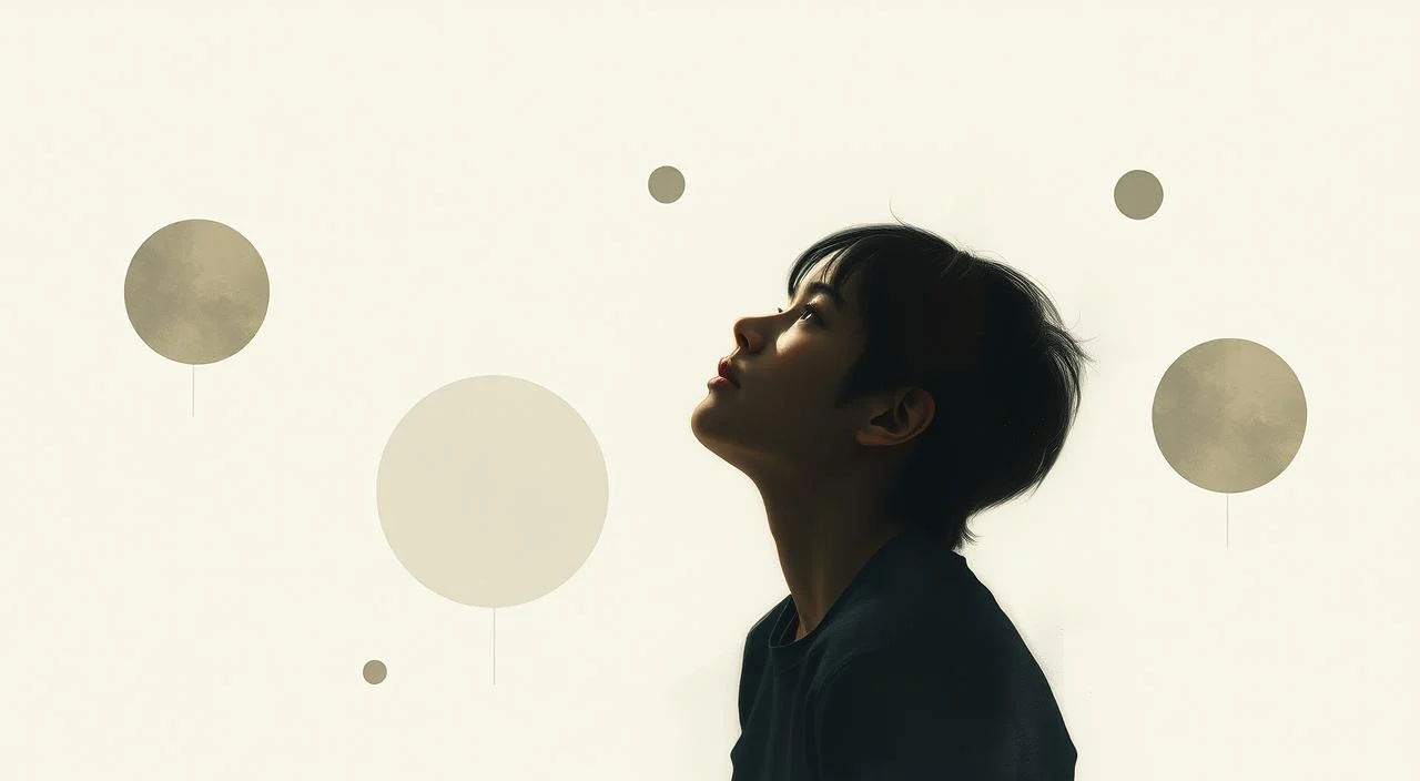 A serene, minimalist composition depicting a person in deep contemplation, their face obscured as they gaze inwardly, surrounded by abstract shapes and forms symbolizing the complex dynamics of judgment. Soft, diffused lighting casts a pensive mood, with a muted color palette evoking a sense of introspection. The scene is captured from a slight overhead angle, creating a sense of distance and objectivity, allowing the viewer to observe the subject's internal struggle with judgment and self-perception. Delicate brush strokes and a dreamlike, impressionistic quality lend an air of vulnerability and emotional resonance to the image.