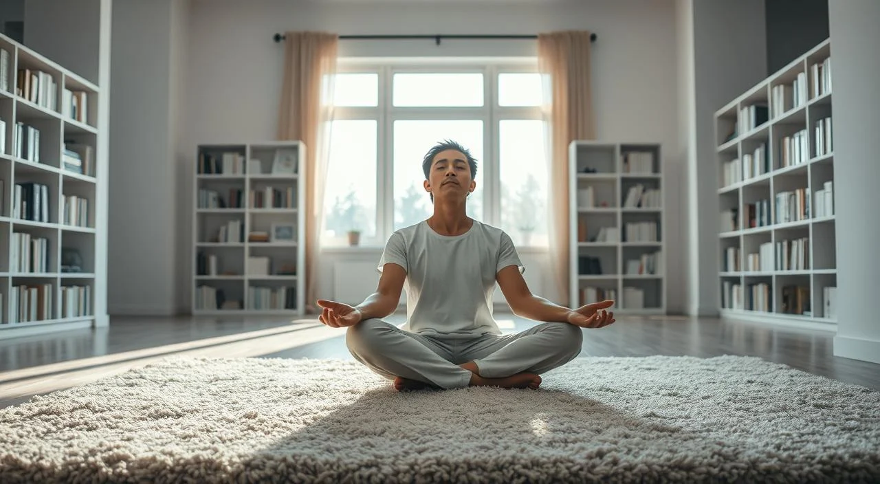 A serene, minimalist composition showcasing modern therapeutic approaches for anxiety and depression. In the foreground, a person sitting cross-legged on a plush, textured rug, their eyes closed in a meditative pose. Soft, natural lighting filters through a large window in the middle ground, casting a warm glow. In the background, bookshelves line the walls, hinting at the knowledge and resources available for emotional well-being. The overall atmosphere conveys a sense of tranquility, introspection, and the promise of holistic healing.