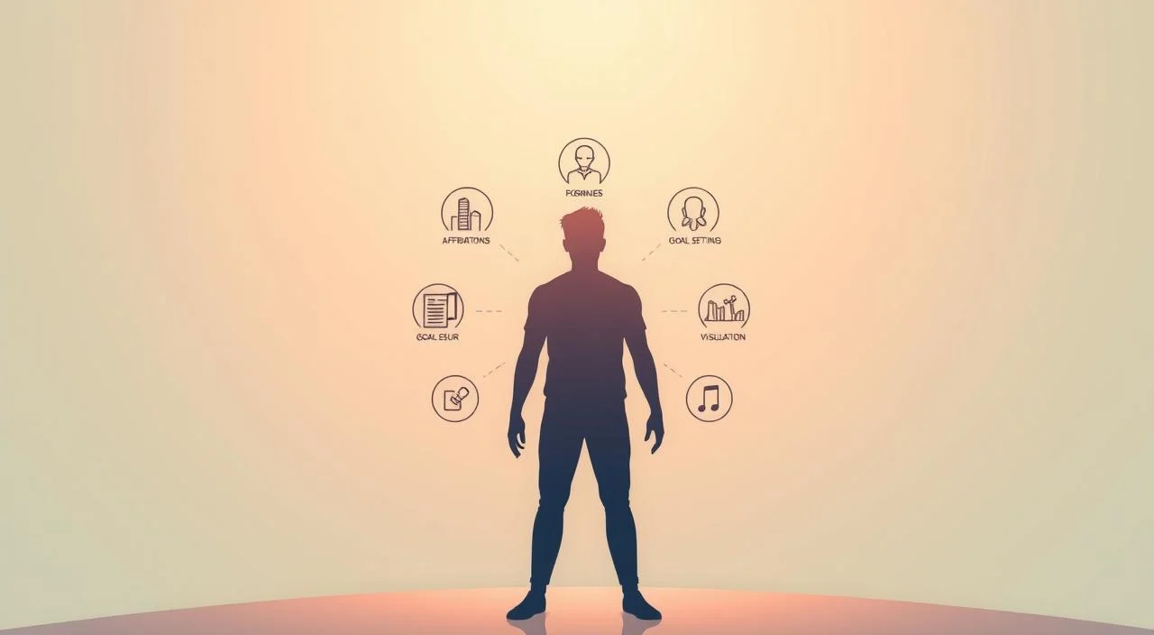 A serene, minimalist illustration depicting practical self-confidence techniques. In the foreground, a person standing tall, radiating inner strength and poise. Centered in the mid-ground, various icons representing strategies like positive affirmations, goal-setting, and visualization. The background features a soft, pastel-toned gradient, with gentle lighting casting a warm, introspective glow. The overall mood is one of empowerment, clarity, and a sense of personal growth beyond fear of judgment.