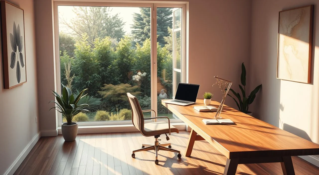 A serene, minimalist office space featuring a wooden desk, a comfortable chair, and a large window overlooking a lush garden. The room is bathed in warm, natural lighting, creating a calming and introspective atmosphere. On the desk, a laptop and a few carefully placed objects, such as a pen, a notebook, and a small plant, suggest the practice of mindful therapies. The walls are adorned with soothing, abstract artwork, further reinforcing the tranquil and restorative nature of the space. The overall scene conveys a sense of balance, harmony, and the potential for personal growth and self-discovery through the lens of hypnosis and hypnotherapy.