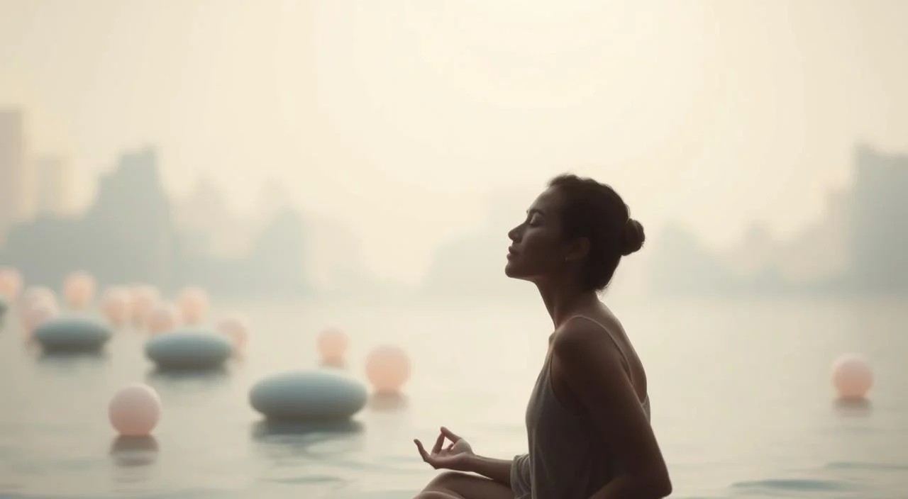 A serene, minimalist scene depicting techniques to overcome the fear of judgment. In the foreground, a person in a meditative pose, eyes closed, surrounded by soothing pastel-colored shapes and abstract forms. The middle ground features calming natural elements like water or clouds, conveying a sense of tranquility. The background is a soft, blurred gradient, creating a sense of focus on the central figure. The lighting is soft and diffused, casting a gentle glow. The overall atmosphere is one of introspection, self-acceptance, and a journey towards personal growth, free from the burden of others' perceptions.