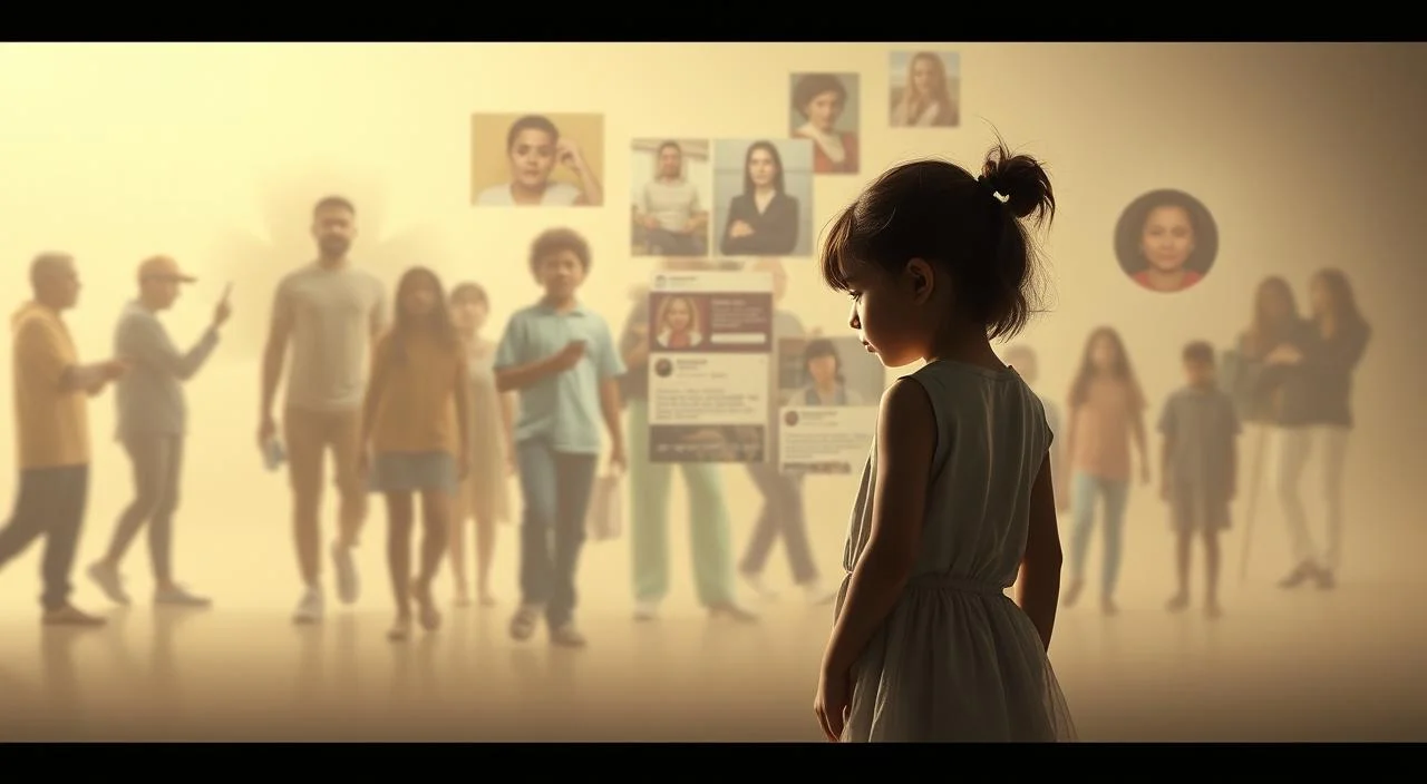 A serene, minimalist scene depicting the influences on a child's self-esteem. In the foreground, a young girl stands alone, her posture reflecting uncertainty and self-doubt. Surrounding her, a montage of external factors: judgmental gazes, social media feeds, and comparison to idealized images. The middle ground blurs these influences, creating a sense of overwhelming pressure. In the background, a warm, muted color palette conveys the emotional weight of these external forces on the child's inner world. Soft, diffused lighting casts a contemplative mood, inviting the viewer to consider the impact of societal judgments on developing self-worth.
