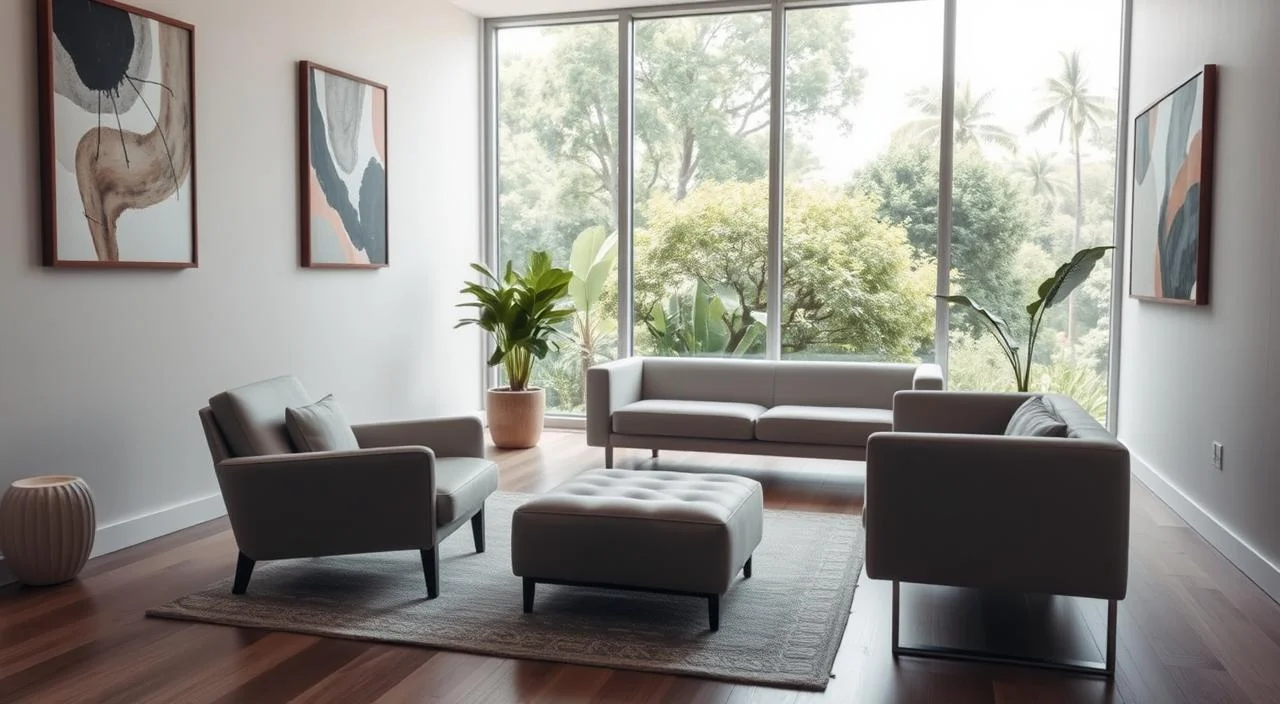 A serene, minimalist therapy room with soft, diffused lighting filtering through large windows overlooking a lush garden. A comfortable armchair and ottoman in neutral tones sit across from a sleek, modern couch. The walls are adorned with abstract art prints, creating a calming, introspective atmosphere. The room has an air of intimacy and privacy, perfect for one-on-one psychotherapy sessions. The session is captured from an angle that showcases the tranquil setting, drawing the viewer's focus to the central therapeutic space.