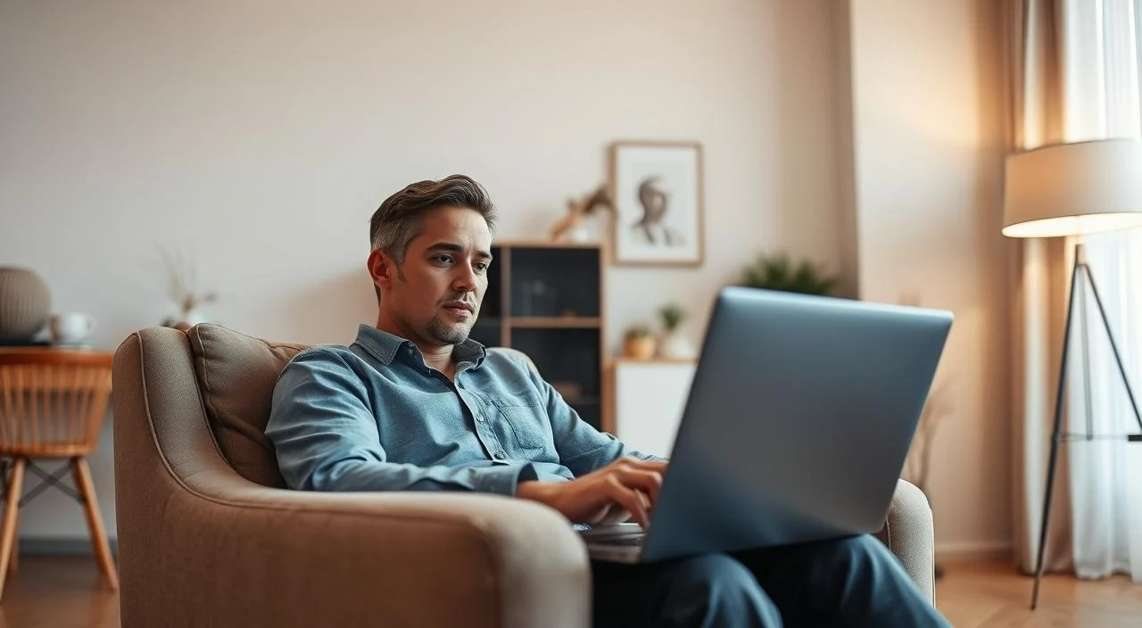 A serene, modern home office setting. In the foreground, a person sits comfortably in a plush armchair, engaged in an online video call on a laptop. The background features warm, neutral tones and minimalist decor, creating a calming atmosphere. Soft, diffused lighting illuminates the scene, enhancing the sense of tranquility. The angle captures a close-up view, emphasizing the thoughtful expression on the person's face, conveying the professionalism and attentiveness of an online psychotherapy session. The overall composition evokes a sense of privacy, safety, and the therapeutic nature of the online consultation.