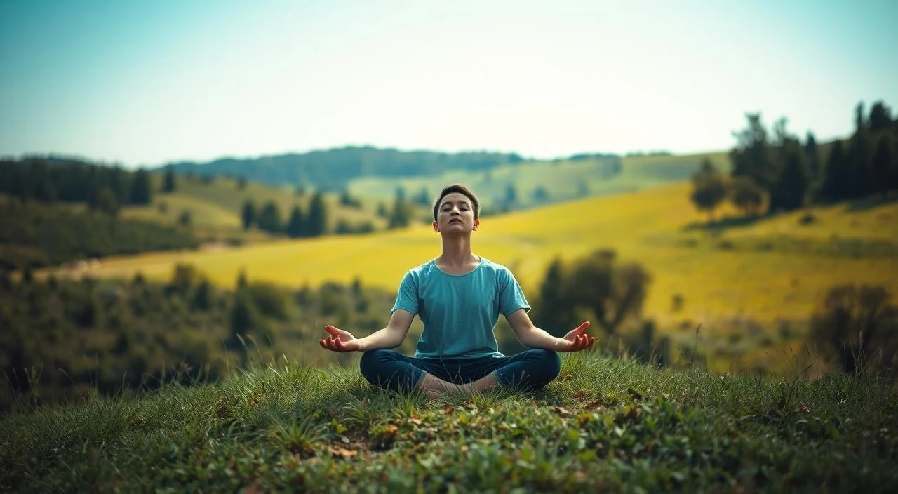 A serene, natural setting with a person seated in a peaceful meditative pose, practicing self-acceptance and authenticity. The foreground features a person sitting cross-legged on a grassy knoll, eyes closed and expression tranquil, radiating an aura of inner calm. The middle ground showcases a lush, verdant landscape with rolling hills, towering trees, and a clear blue sky above. Soft, diffused lighting bathes the scene, creating a warm, inviting atmosphere. The overall mood is one of introspection, self-reflection, and the embracing of one's true self, free from the constraints of judgment or societal expectations.