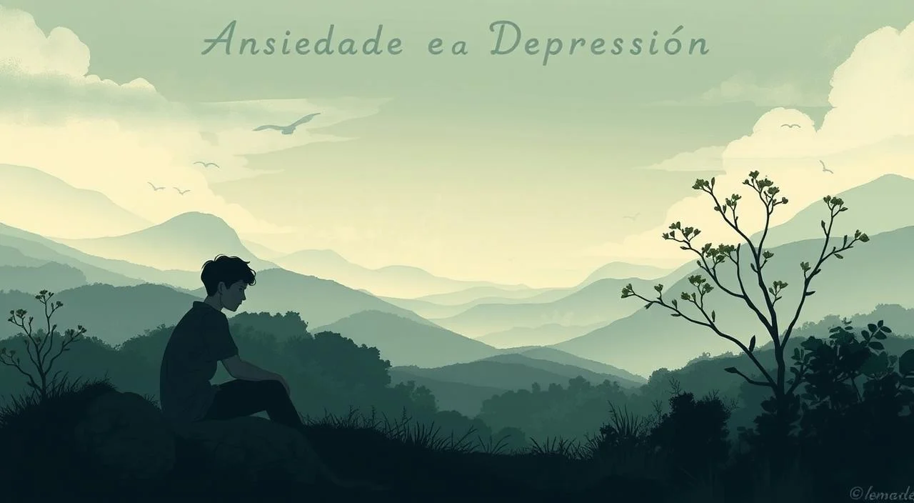 A serene, naturalistic illustration depicting the interplay between anxiety and depression. In the foreground, a person sits in a contemplative pose, their expression conveying a sense of unease and inner turmoil. Surrounding them, a lush, atmospheric landscape serves as a metaphor for the complex emotional landscape, with soft, muted tones and gentle lighting that evokes a pensive, melancholic mood. In the middle ground, abstract shapes and forms suggest the interconnected nature of these mental health conditions, while the background fades into a dreamlike, introspective realm, hinting at the depth and complexity of the subject matter. The overall composition should feel cohesive, visually striking, and emotionally resonant, capturing the essence of "Compreendendo a Ansiedade e a Depressão".