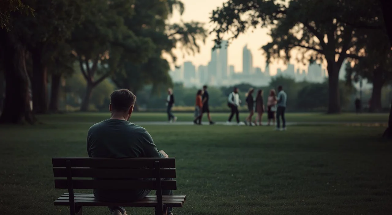 A serene nature scene depicting the environmental influences on social anxiety. In the foreground, a person sits alone on a park bench, shoulders hunched, expression troubled. Surrounding them, the lush, verdant landscape conveys a sense of tranquility, yet the person appears disconnected, lost in their own thoughts. In the middle ground, passersby converse and move about, highlighting the person's social isolation. The warm, diffused lighting casts a subtle glow, creating an introspective, melancholic atmosphere. In the background, towering trees and a distant cityscape symbolize the complex interplay between one's environment and inner emotional state. The scene evokes the feeling of being overwhelmed by external stimuli, leading to withdrawal and discomfort in social situations.