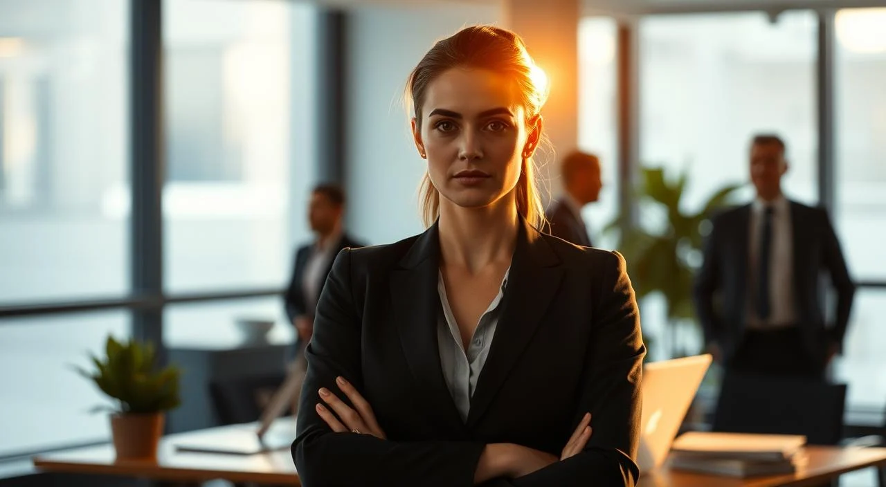 A serene office setting, illuminated by warm, natural lighting filtering through large windows. In the foreground, a professional woman stands confidently, her expression resolute as she faces her fears of judgment. Behind her, a blurred background depicts her colleagues, subtly suggesting the perceived audience. The overall mood is one of determination and empowerment, as the woman takes control of her professional growth, shedding the shackles of self-doubt. Subtle details, such as a potted plant or a well-organized desk, reinforce the sense of a supportive, nurturing environment conducive to overcoming challenges.