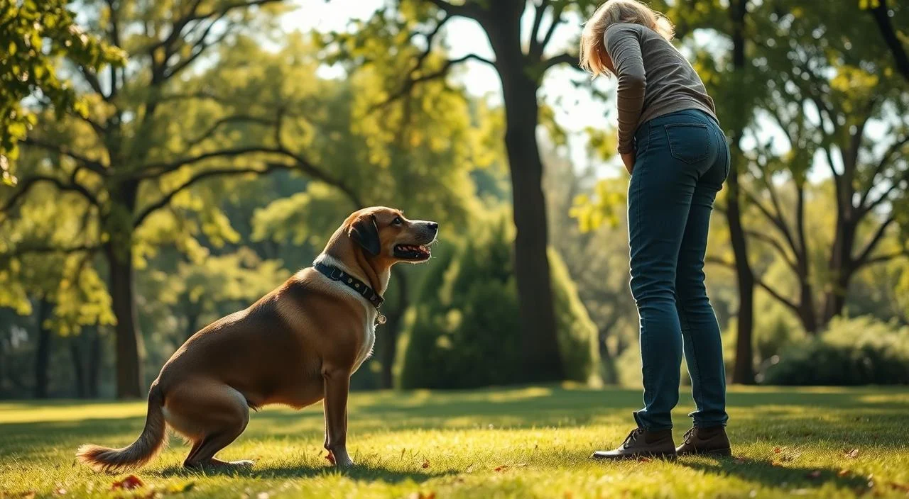 A serene outdoor scene depicting a person cautiously approaching a friendly dog in a secure, controlled environment. The person's body language conveys a sense of hesitation and apprehension, while the dog's posture is relaxed and welcoming. Soft, natural lighting illuminates the scene, creating a sense of warmth and safety. The background features a lush, verdant park setting, with trees and greenery providing a calming, natural backdrop. The overall mood is one of caution and gradually building confidence, suggesting strategies for safely overcoming a fear of dogs.