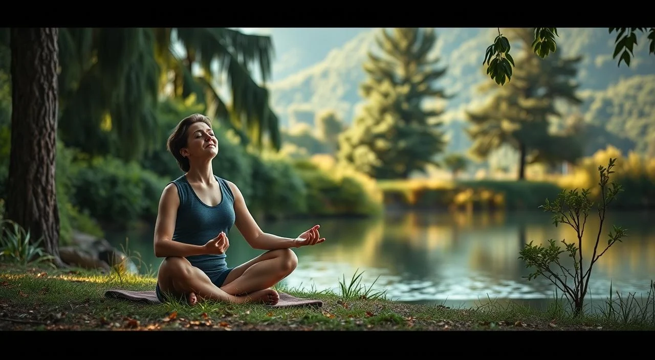 A serene outdoor scene, with a person practicing relaxation techniques near a tranquil lake. The foreground shows the person sitting cross-legged, eyes closed, hands resting on their lap, radiating a sense of calm and inner peace. The middle ground features lush greenery, such as tall trees and bushes, creating a natural, soothing environment. In the background, the still waters of the lake reflect the surrounding landscape, adding to the peaceful ambiance. The lighting is soft and natural, with warm hues creating a comforting atmosphere. The camera angle is slightly elevated, giving a slightly bird's-eye view of the scene, emphasizing the tranquility and relaxation.