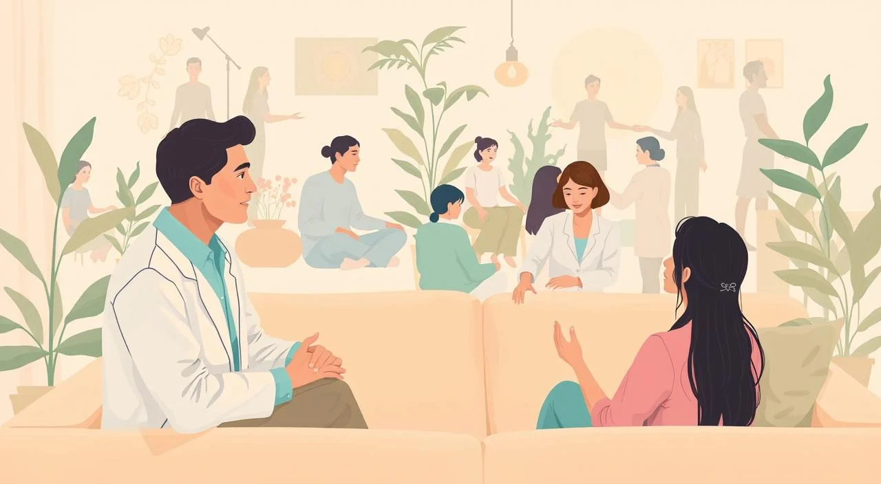 A serene, pastel-toned illustration depicting various forms of psychological therapy. In the foreground, a compassionate therapist listens intently to a patient on a plush couch, their expressions conveying understanding. In the middle ground, a group of patients engage in a lively group session, gesturing animatedly. The background showcases a diverse array of therapeutic modalities, from a person meditating in a tranquil zen garden to another undergoing hypnotherapy, all bathed in warm, natural lighting that infuses the scene with a sense of comfort and healing. The overall atmosphere is one of empathy, openness, and the transformative power of psychological support.