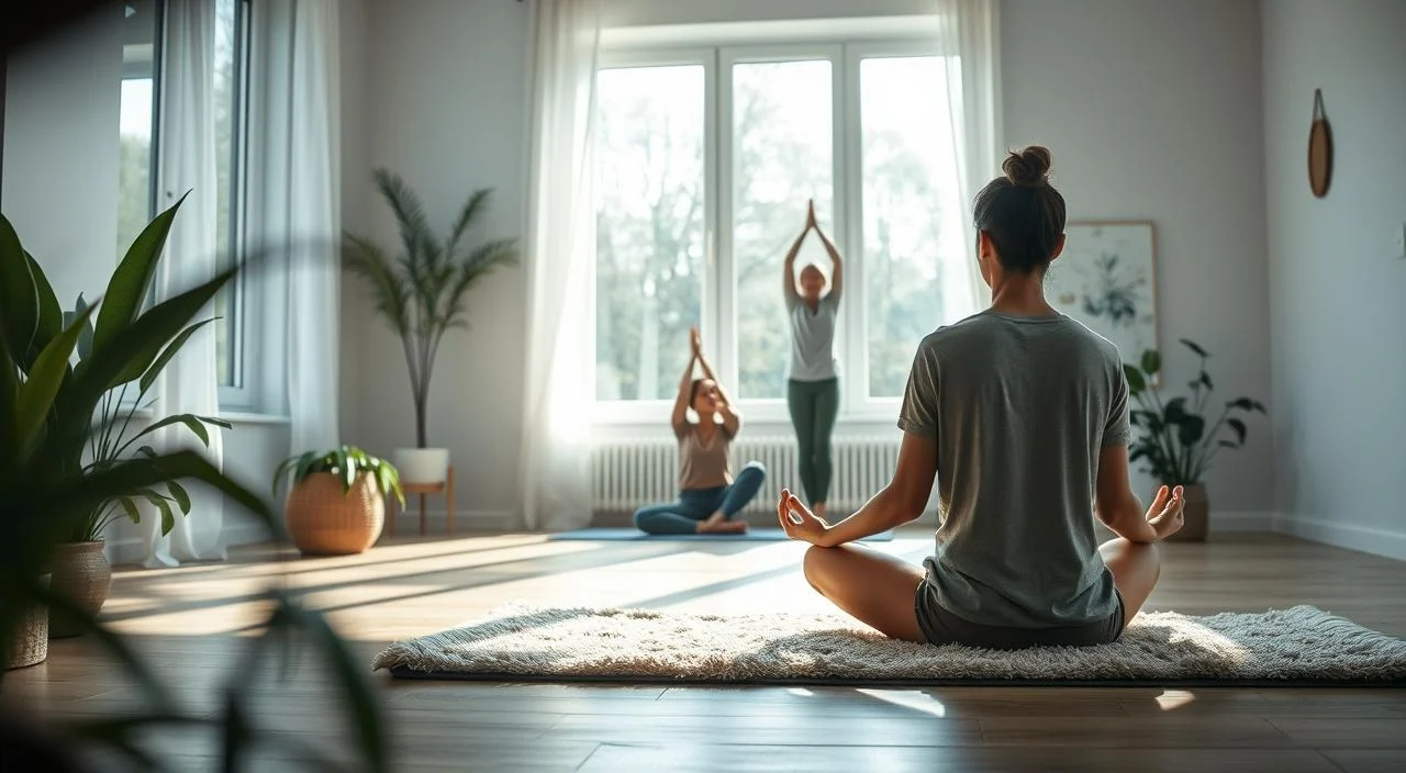 A serene, peaceful indoor setting with a person performing various calming exercises to alleviate anxiety. The foreground shows the person in a relaxed, meditative pose on a plush yoga mat, surrounded by soothing plants and natural light filtering through large windows. The middle ground features additional yoga poses and stretching exercises, while the background showcases a minimalist, Scandinavian-inspired home decor with muted colors and clean lines. Soft, diffused lighting creates a calming atmosphere, and the overall composition conveys a sense of tranquility and mindfulness.