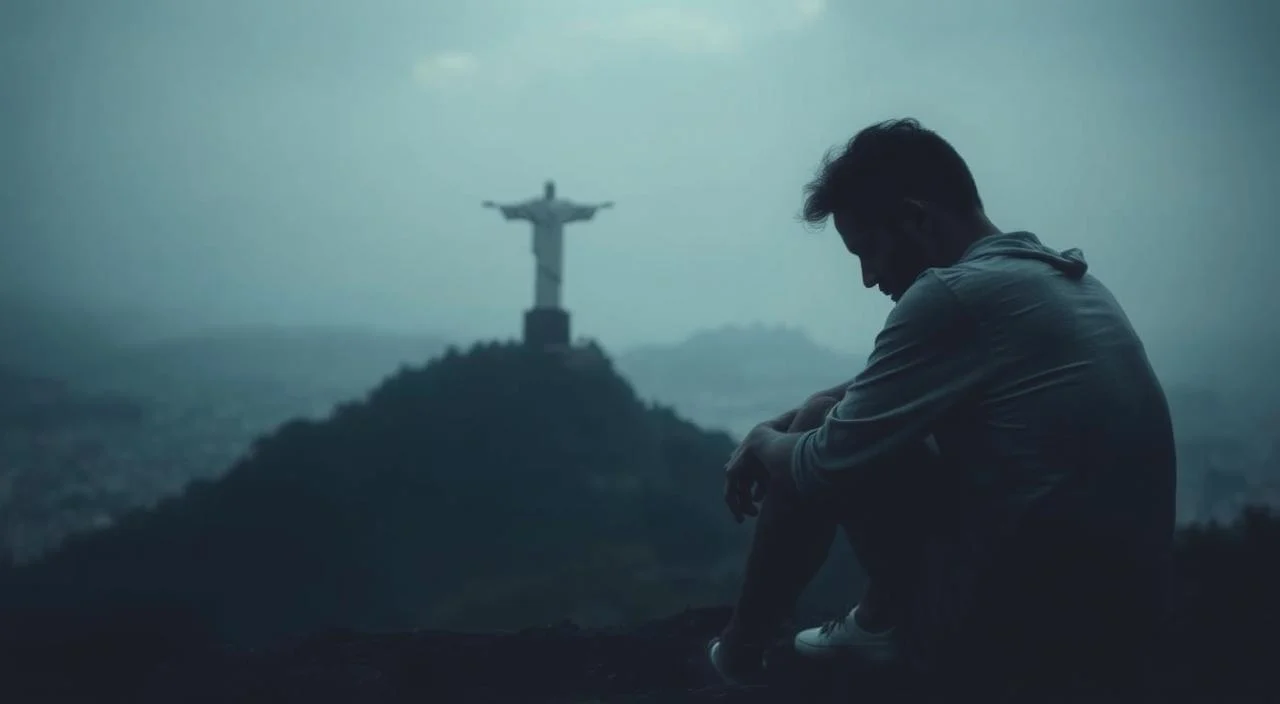 A serene, pensive scene depicting the emotional landscapes of anxiety and depression in Brazil. In the foreground, a solitary figure sits curled up, their expression pensive and withdrawn. Muted hues of blue and grey envelop the scene, conveying a sense of heaviness and despair. In the middle ground, a faint outline of the iconic Christ the Redeemer statue overlooks the scene, symbolizing the country's struggle with mental health challenges. The background fades into a hazy, dreamlike cityscape, evoking the pervasive nature of these conditions across the nation. Soft, diffused lighting casts a melancholic glow, further emphasizing the somber tone. The composition is balanced and thoughtful, drawing the viewer into the emotive and introspective atmosphere.
