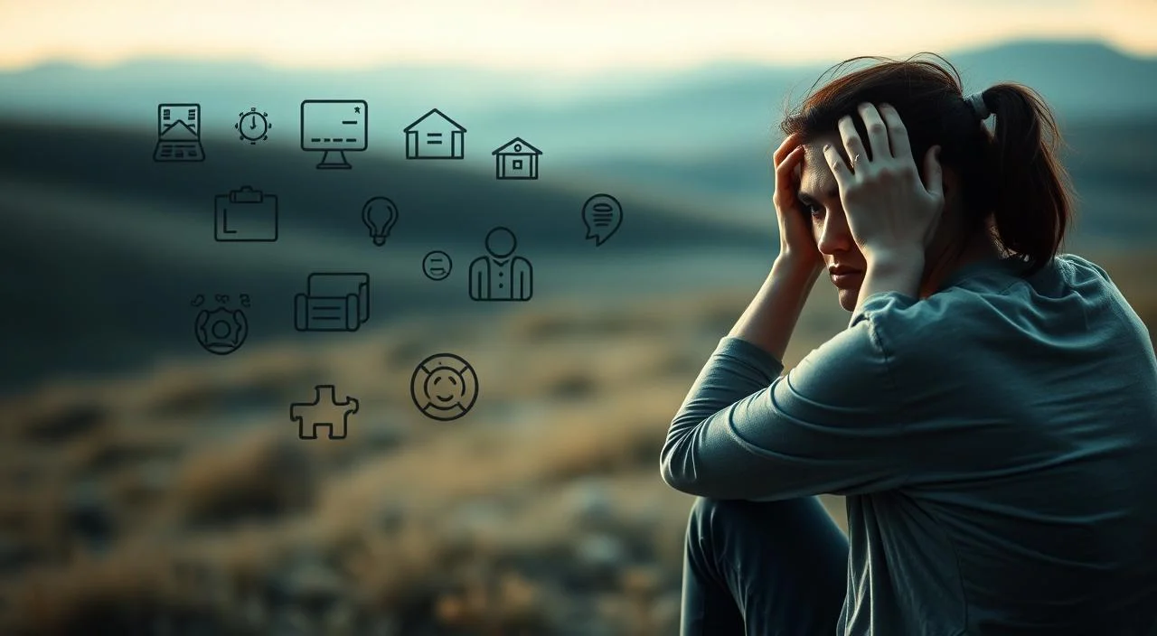 A serene, pensive scene depicting the key factors that contribute to anxiety. In the foreground, a person sits with a pensive expression, their hands resting on their head, conveying the psychological strain of anxiety. In the middle ground, abstract shapes and symbols representing common anxiety triggers such as work stress, financial pressures, and relationship difficulties. In the background, a softly blurred landscape with a fading horizon, creating a sense of inner turmoil and unease. The lighting is muted and atmospheric, with a hint of natural daylight filtering through, evoking a contemplative mood. The overall composition aims to visually capture the multifaceted nature of anxiety and its impact on the human experience.