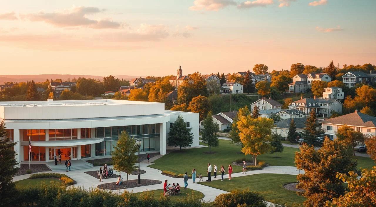 A serene psychiatric reform landscape, with a modern healthcare facility in the foreground, surrounded by lush greenery and a calming sky. The building features clean lines, large windows, and an inviting entrance, conveying a sense of openness and care. In the middle ground, patients and staff engage in various therapeutic activities, such as group sessions and outdoor recreation. The background is dotted with residential buildings and community centers, reflecting the integration of mental health services into the local environment. The scene is illuminated by warm, natural lighting, creating a tranquil and hopeful atmosphere.
