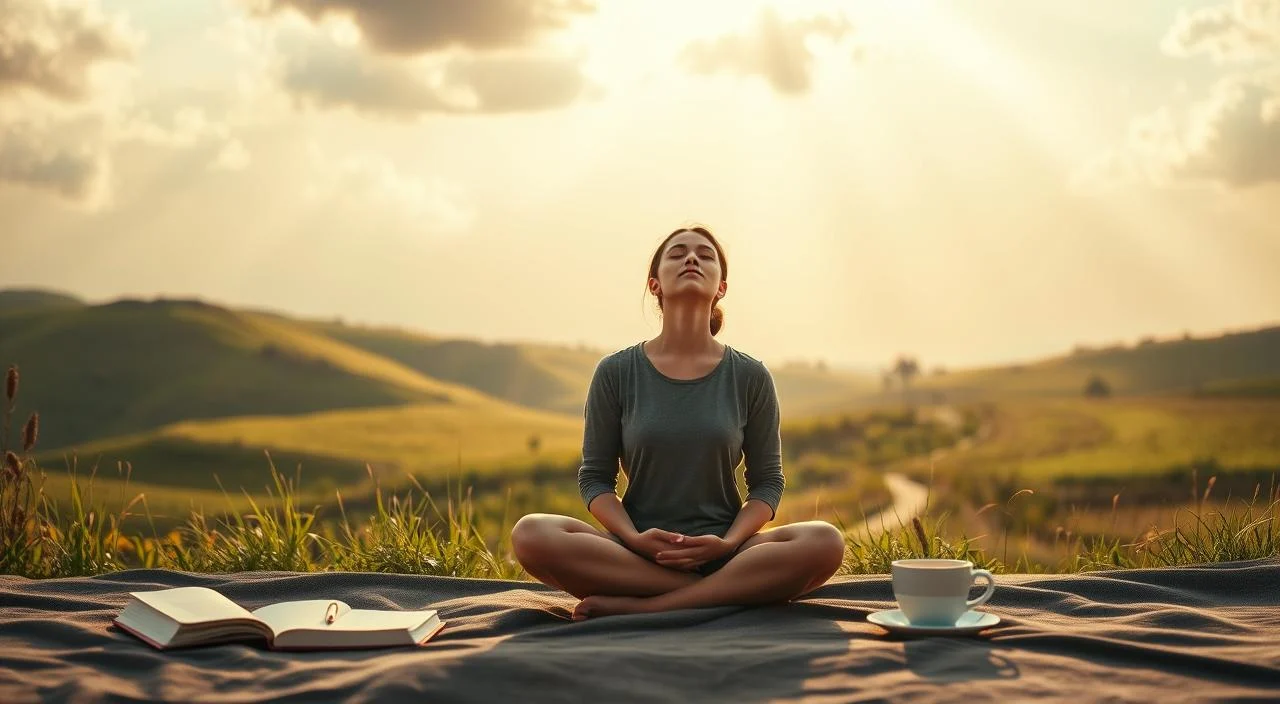 A serene, soft-focus scene depicting practical strategies for building self-confidence. In the foreground, a person sits cross-legged, eyes closed, radiating an aura of inner peace and self-assurance. Surrounding them, symbols of empowerment and self-care - a journal, a motivational quote, a cup of tea. In the middle ground, a lush, verdant landscape with rolling hills and a winding path, suggesting a journey of personal growth. Overhead, gentle rays of warm, golden light filter through wispy clouds, creating an atmosphere of hope and possibility. The overall mood is one of tranquility, reflection, and the quiet determination to overcome challenges and embrace one's true self.