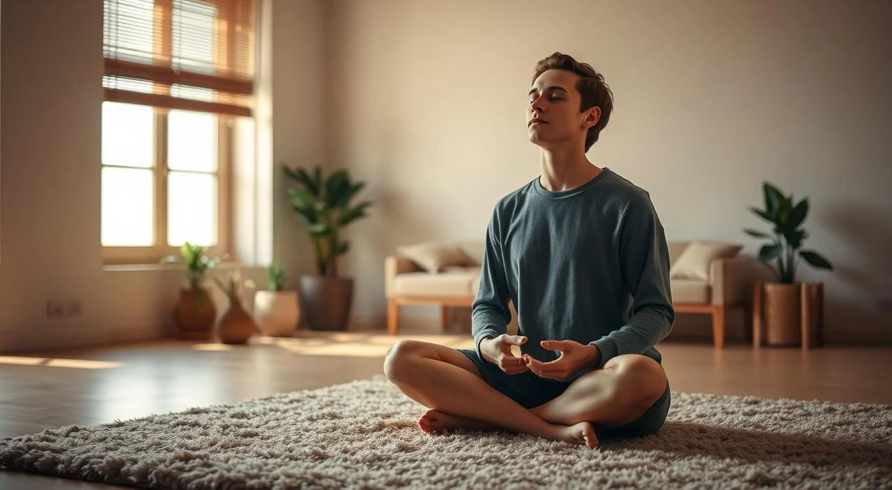 A serene, soft-lit scene of a person practicing relaxing breathing exercises. The foreground shows a person sitting cross-legged on a plush, earthy-toned rug, eyes closed in deep concentration as they inhale and exhale slowly and deliberately. The middle ground features a minimal, minimalist interior with natural wooden accents and a few lush potted plants, creating a calming, zen-like atmosphere. The background gently fades into a warm, diffused light, suggesting a peaceful, secluded space ideal for mindfulness and stress reduction. The overall mood is one of tranquility, focus, and restoration.