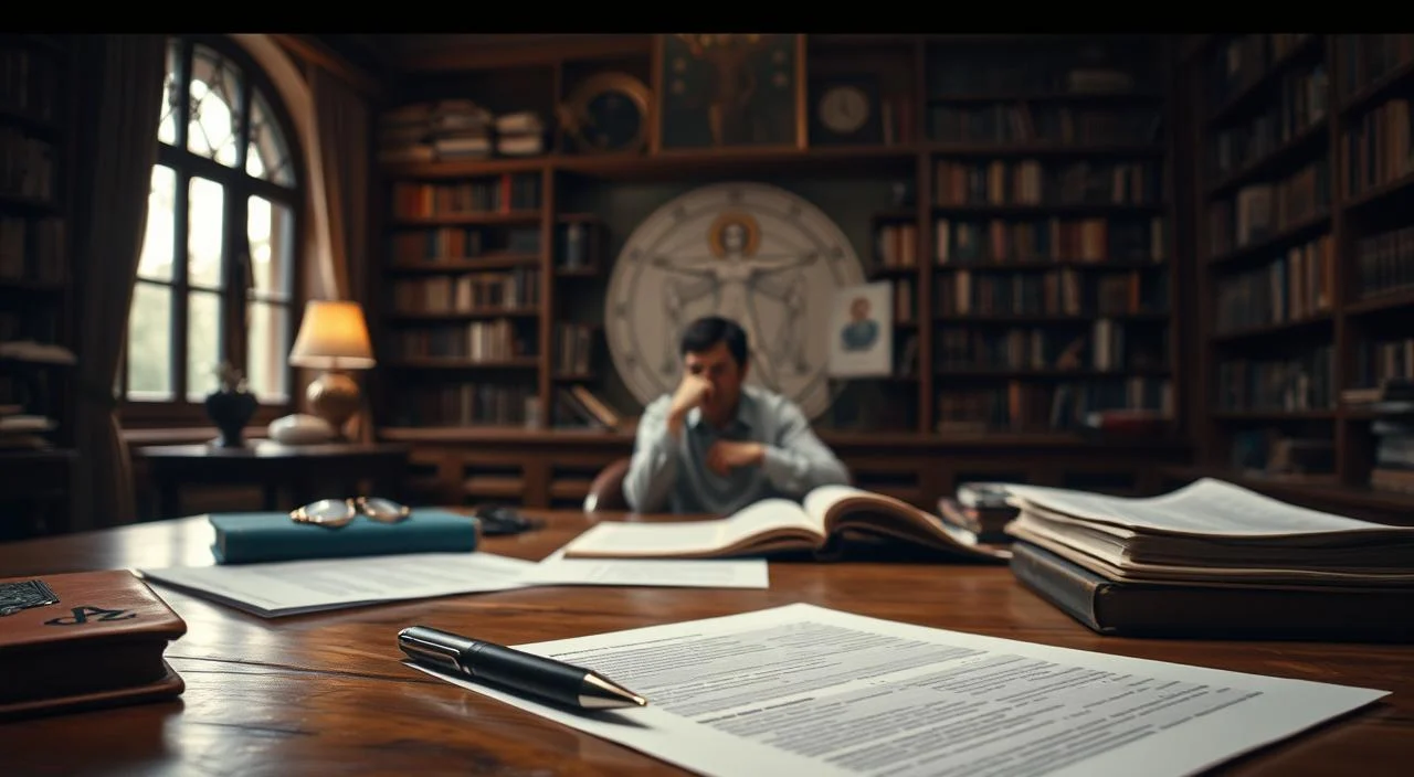 A serene study with a wooden desk, papers, and a pen in the foreground. In the middle ground, a person in deep thought, surrounded by books and philosophic symbols like the Vitruvian Man. The background depicts a cozy library, with warm lighting and a sense of contemplation and introspection. The overall atmosphere evokes the origins and influences of perfectionism, a thoughtful exploration of the internal pressures that shape one's drive for excellence.