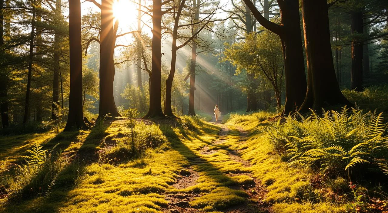 A serene, sun-dappled forest path winds through lush greenery, inviting the viewer inward. Towering trees line the way, their branches filtering the warm, golden light that bathes the scene. Soft, mossy ground cushions each step, guiding the viewer on a journey of self-reflection and inner peace. Delicate ferns and wildflowers dot the landscape, adding pops of color and natural beauty. The air is crisp and rejuvenating, evoking a sense of tranquility and refuge. In the distance, a subtle mist or fog adds an ethereal, meditative quality, symbolizing the path to deeper self-understanding. This is a dreamlike, contemplative landscape that beckons the viewer to slow down, listen to their inner voice, and embrace the solace of the natural world.