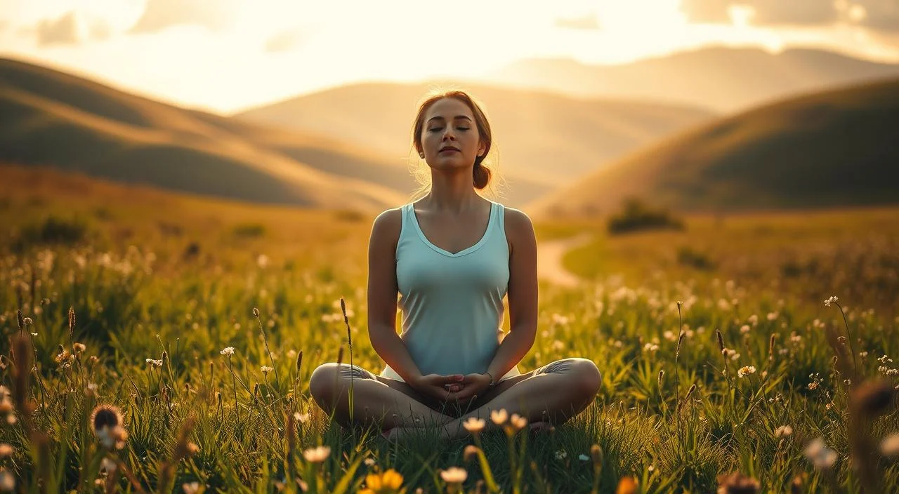A serene, sun-dappled meadow, lush with verdant grasses and delicate wildflowers. In the foreground, a woman sits cross-legged, eyes closed in meditation, hands resting gently on her lap. An aura of tranquility and self-acceptance surrounds her, conveying the essence of self-compassion. In the middle ground, a path winds through the meadow, inviting the viewer to join her on this journey of inner exploration. The background features rolling hills, their slopes softly blurred, creating a sense of depth and perspective. Warm, golden light filters through wispy clouds, casting a gentle glow over the entire scene. The mood is one of introspection, healing, and the gentle embracing of one's own humanity.