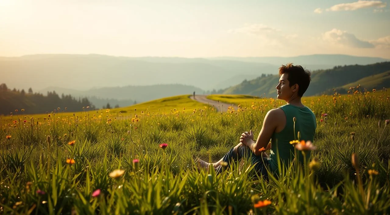 A serene, sun-dappled meadow, with lush green grass and vibrant wildflowers swaying in a gentle breeze. In the foreground, a person sits cross-legged, their face etched with a pensive expression, hands clasped in contemplation. Soft, diffused lighting bathes the scene, creating an atmosphere of introspection and tranquility. In the middle ground, a winding path leads towards a distant, hazy forest, symbolic of the journey through the challenges of anxiety. The background is a panoramic vista of rolling hills, their peaks touched by wispy clouds, conveying a sense of vastness and perspective. The overall mood is one of serene resilience, reflecting the central theme of navigating the impact of anxiety on quality of life.