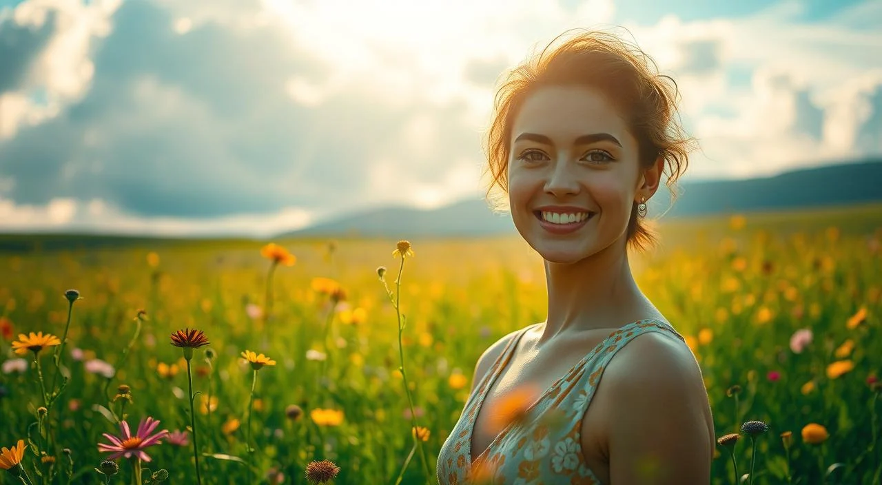 A serene, sun-dappled meadow, with vibrant wildflowers swaying in a gentle breeze. In the foreground, a confident figure stands tall, their gaze filled with self-assurance and inner strength. Soft, golden light bathes their face, highlighting their features and the subtle smile that radiates a sense of self-acceptance. In the middle ground, wisps of clouds drift across a vast, azure sky, mirroring the tranquility and clarity of the scene. The background blurs into a lush, verdant landscape, creating a sense of depth and inviting the viewer to immerse themselves in this peaceful, empowering moment.