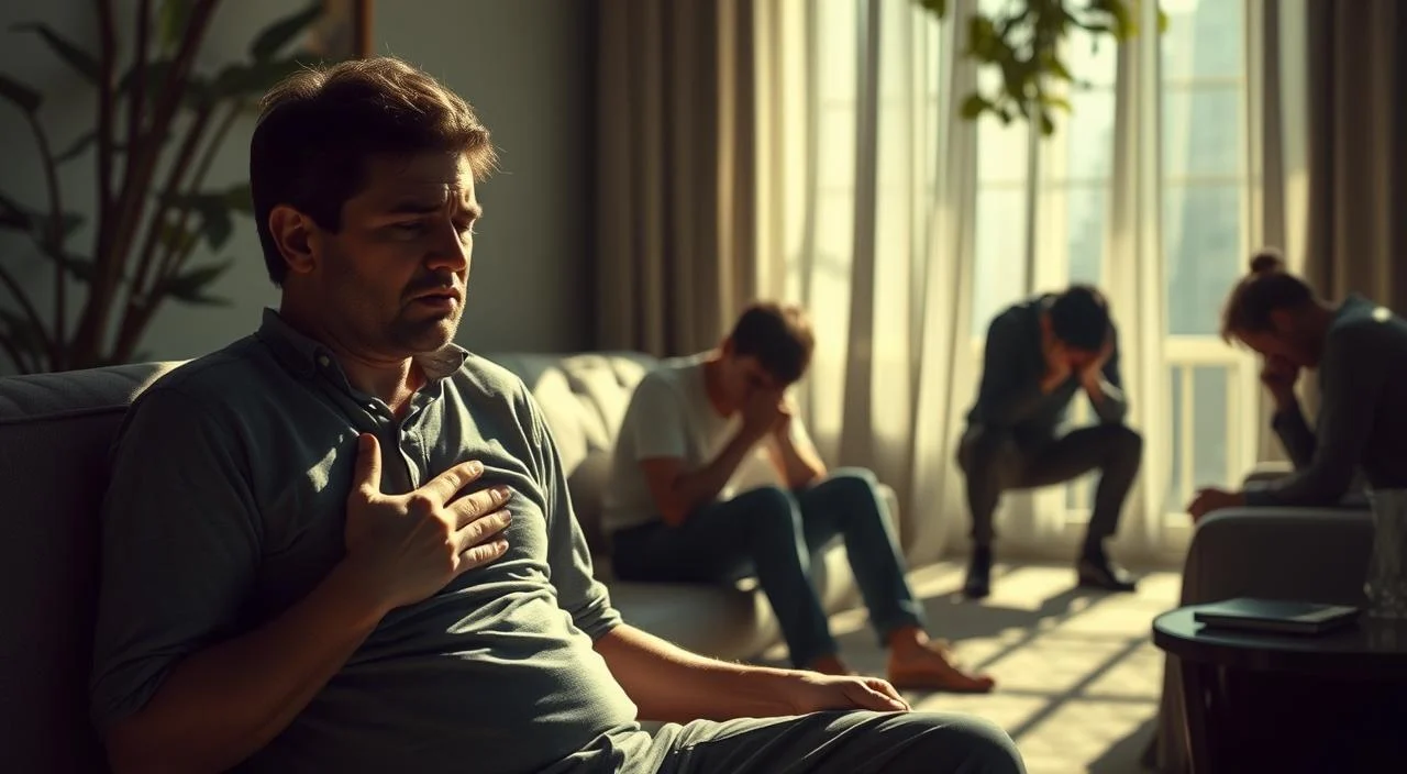 A serene, sun-dappled scene depicting the various physical and emotional symptoms of anxiety. In the foreground, a person sits with a pained expression, clutching their chest as they experience chest pains and shortness of breath. In the middle ground, another figure fidgets nervously, biting their nails and exhibiting restlessness. In the background, a tense figure hunches over, lost in a spiral of negative thoughts and worries. Soft, diffused lighting casts a sense of unease, while the muted color palette evokes the internal turmoil of the subjects. The overall atmosphere conveys the unsettling yet all-too-common experience of anxiety.