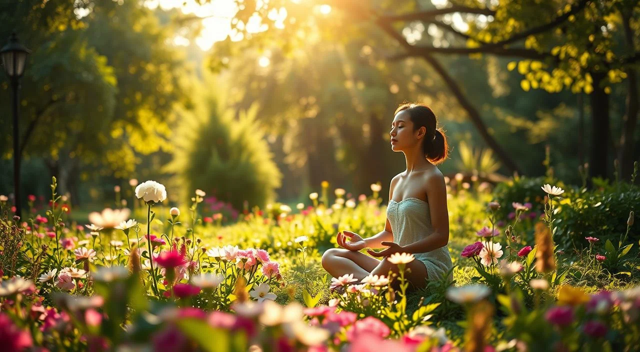 A serene, sun-dappled scene of a person meditating in a lush, verdant garden. In the foreground, a figure sits cross-legged, eyes closed, hands resting gently on their lap, exuding a sense of inner peace and self-reflection. The middle ground is filled with a vibrant array of flowers and greenery, their soft colors and organic forms creating a calming, nurturing atmosphere. In the background, a warm, golden light filters through the canopy of trees, casting a gentle glow over the entire composition. The overall mood is one of self-acceptance, healing, and a growing sense of self-confidence and inner strength.