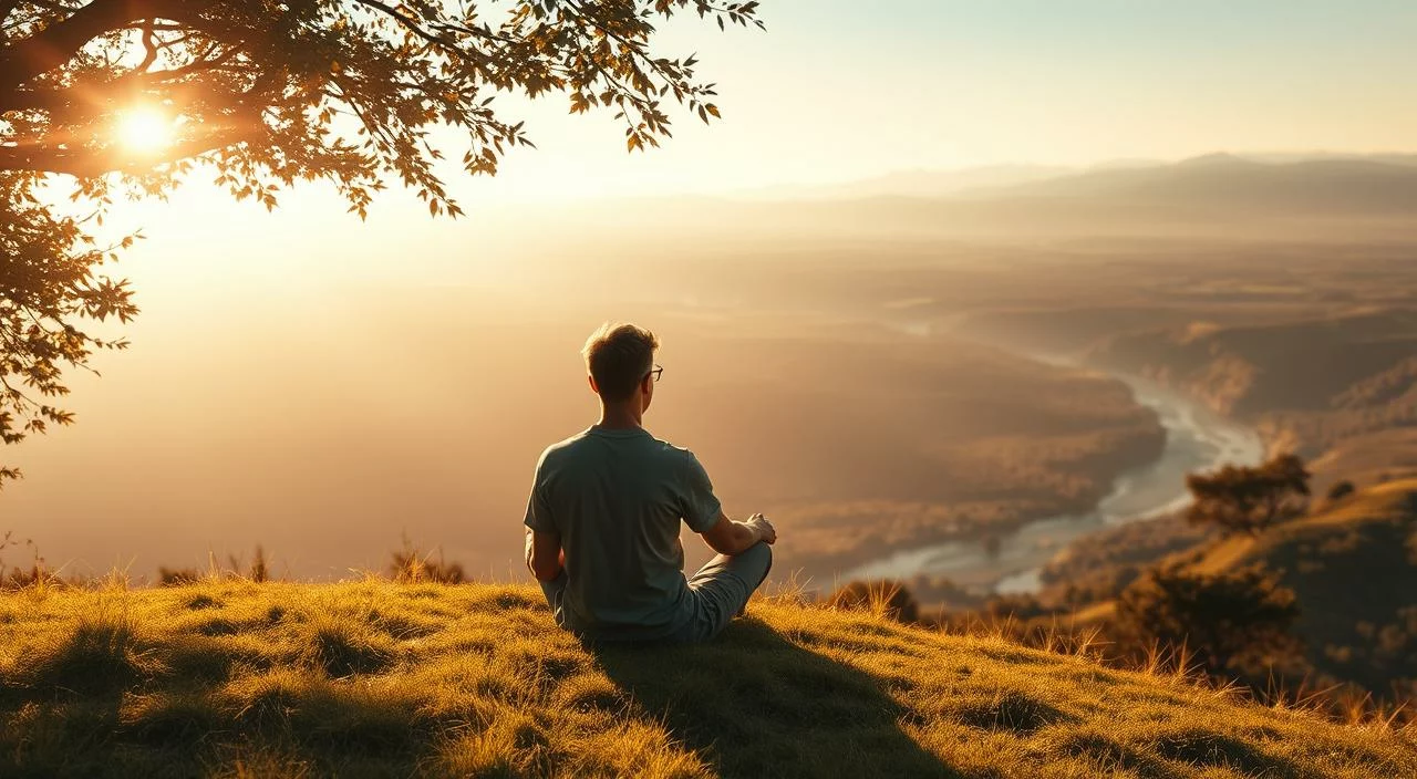 A serene, sun-dappled scene of a person sitting cross-legged on a grassy hilltop, gazing out towards a vast, tranquil landscape. Warm, golden light filters through the trees, casting a peaceful glow. The figure's expression is one of deep contemplation and inner calm, radiating a sense of emotional security and self-assurance. In the middle ground, a few wispy clouds drift lazily across the sky, while in the far distance, rolling hills and a winding river create a sense of depth and expansiveness. The overall atmosphere evokes a feeling of grounded presence, self-acceptance, and emotional balance.