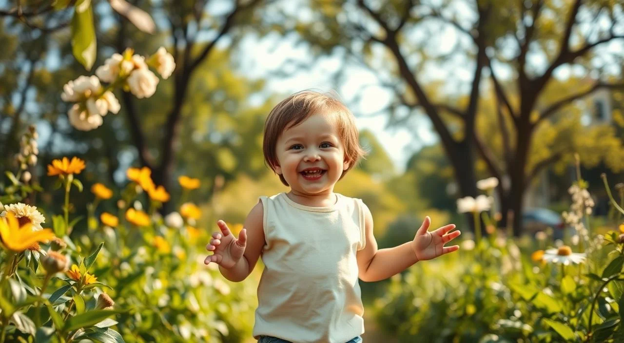 A serene, sun-dappled scene of a young child playing in a lush, verdant garden. The child's face radiates joy and confidence, their posture open and relaxed. Warm hues of green, yellow, and blue create a calming, nurturing atmosphere. Soft, diffused lighting gently illuminates the child's features, highlighting their innate self-assurance. The background features a harmonious blend of natural elements - blooming flowers, swaying trees, and a clear, azure sky - that convey a sense of safety and self-acceptance. This image encapsulates the essence of healthy, positive self-esteem in children.