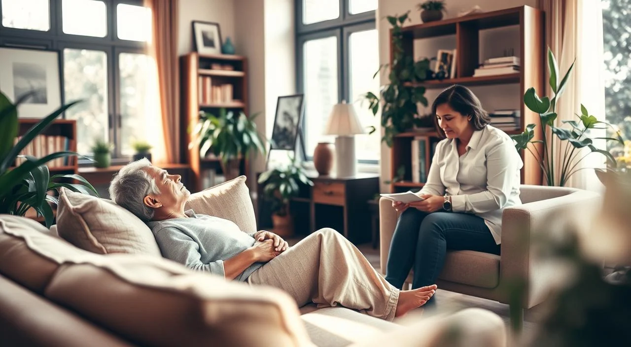 A serene, sun-dappled therapy session set in a cozy, well-appointed office. In the foreground, a patient reclines on a plush sofa, deep in contemplation, while a compassionate therapist sits nearby, leaning forward with an empathetic expression. The middle ground features tasteful décor - bookshelves, artworks, and lush houseplants - creating a nurturing, introspective atmosphere. The background subtly blurs, evoking a sense of privacy and focus. Warm, gentle lighting filters through large windows, casting a soft, healing glow over the scene. The overall mood is one of comfort, trust, and the restorative power of mental health therapy.