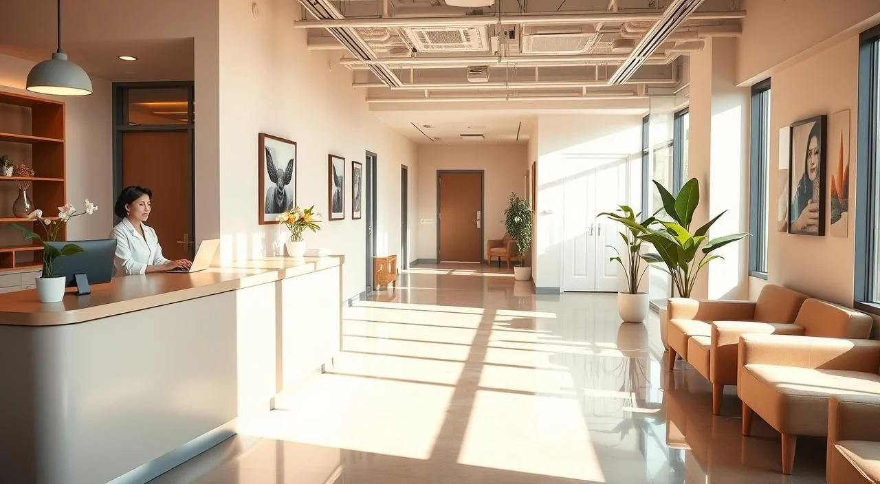 A serene, sunlit clinic interior with modern, welcoming decor. In the foreground, a comforting reception desk staffed by a friendly, empathetic psychologist. The middle ground features a waiting area with plush, comfortable seating and calming artwork on the walls. The background showcases a hallway leading to private consultation rooms, conveying a sense of privacy and professionalism. Warm, natural lighting filters through large windows, creating a relaxing, therapeutic atmosphere. The scene exudes a sense of accessibility, care, and support for those seeking free psychological services in Brazil.