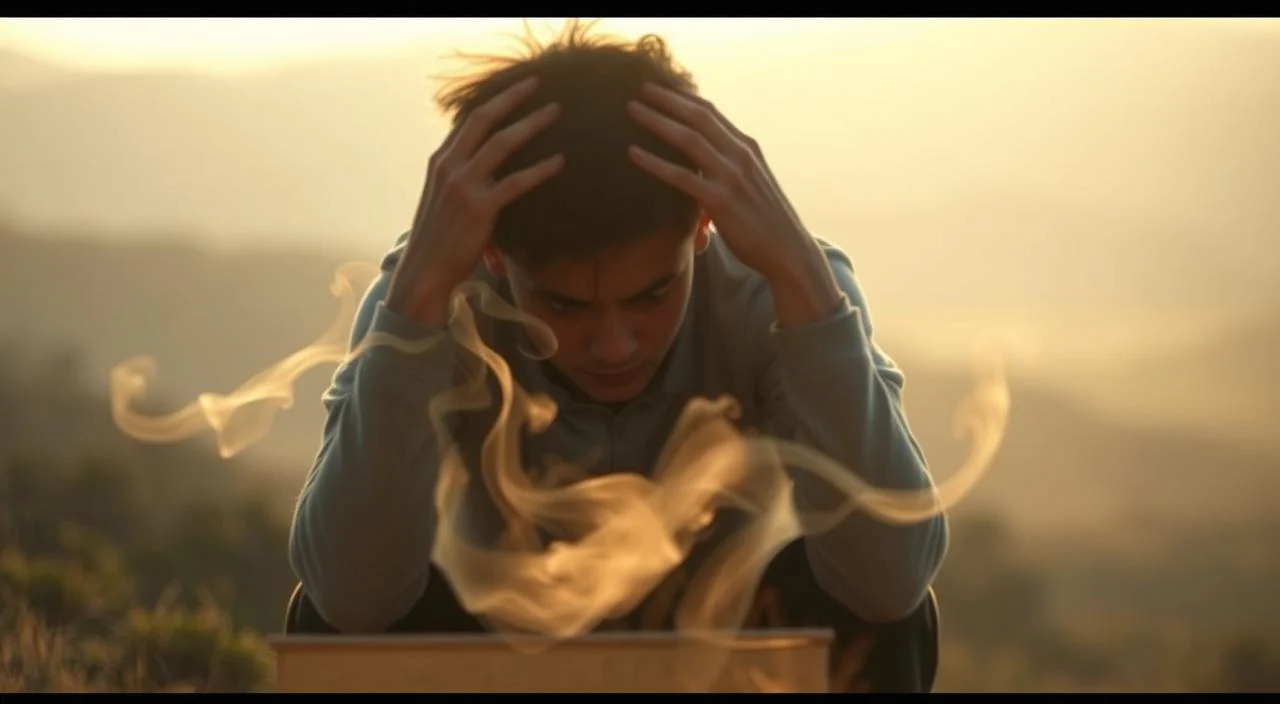 A serene, sunlit scene depicting the physical and emotional symptoms of anxiety. In the foreground, a person sits hunched, hands clutching their head, facial expression tense and troubled. Surrounding them, delicate tendrils of mist or smoke curl and swirl, representing the oppressive mental fog of anxiety. In the middle ground, the figure is partially obscured by these misty tendrils, symbolizing the overwhelming nature of the condition. The background is a softly blurred, soothing natural landscape, hinting at the restorative power of grounding oneself in the present moment. The lighting is gentle and warm, creating an atmosphere of introspection and vulnerability. The overall tone is one of quiet, relatable anguish, inviting the viewer to empathize with the experience of living with anxiety.