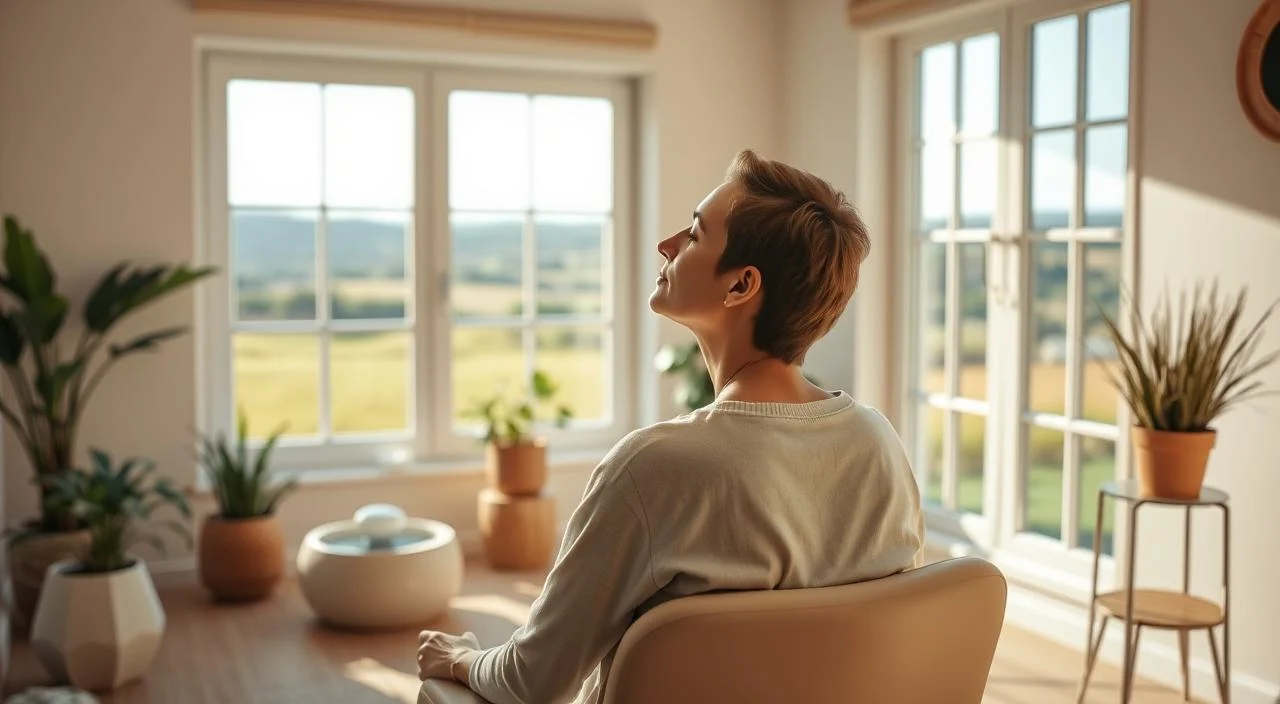 A serene, sunlit therapy room featuring a comfortable chair and soft, calming lighting. In the foreground, a person sits in a relaxed, contemplative pose, eyes gently closed as they experience the benefits of hypnotherapy. The middle ground showcases soothing, nature-inspired decor - potted plants, a gentle water feature, and warm, earthy tones. The background depicts a tranquil, pastoral landscape visible through large windows, creating a sense of calm and connection to the natural world. The overall atmosphere is one of peace, healing, and the transformative power of the mind.