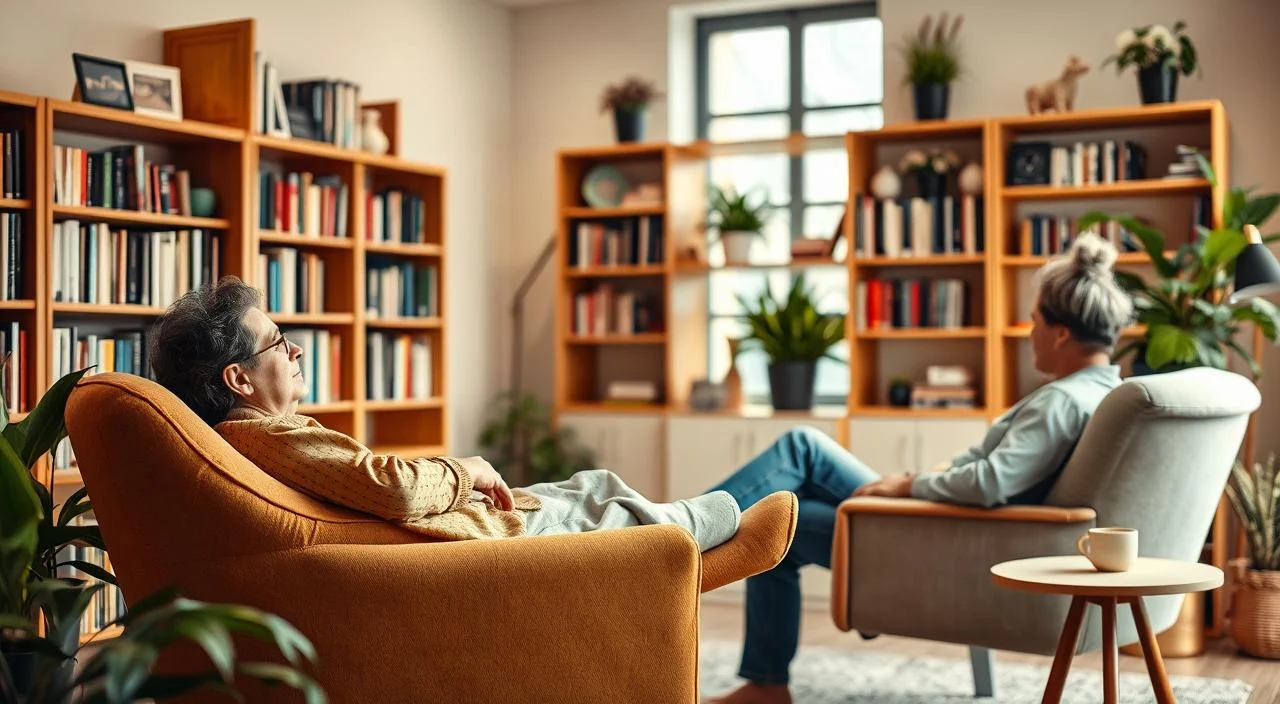 A serene therapy session in a cozy, well-lit office. In the foreground, a patient reclines comfortably on a plush armchair, engaged in deep conversation with their empathetic therapist seated across from them. Bookshelves line the walls, exuding a sense of knowledge and wisdom. Warm, diffused lighting creates a calming atmosphere, while plants and natural elements add a touch of tranquility. The scene conveys a safe, nurturing space where psychological healing and personal growth can blossom.