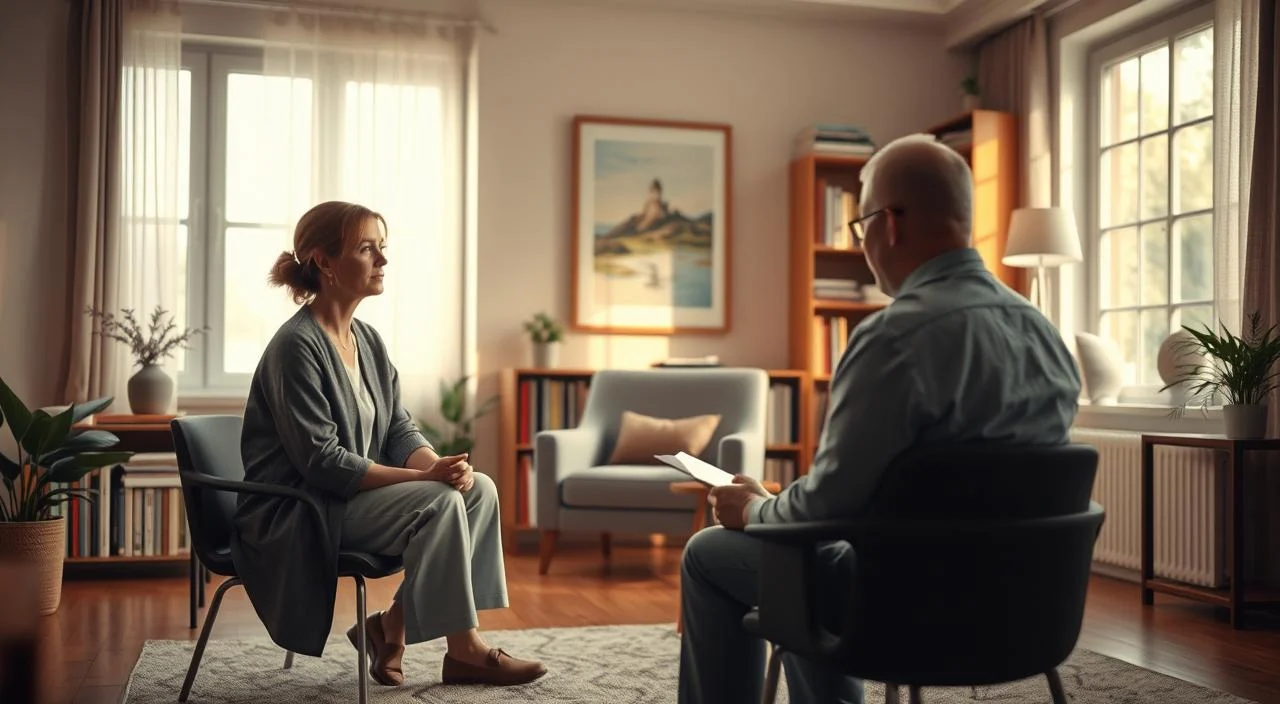A serene therapy session unfolds in a warm, inviting room. In the foreground, a cognitive-behavioral therapist sits attentively, guiding a patient through an introspective exercise. The middle ground features a cozy armchair and a calming artwork on the wall, creating a sense of comfort and safety. The background showcases a bookshelf filled with resources, subtly hinting at the depth of knowledge and expertise within this innovative approach to treating advanced anxiety. Soft, natural lighting filters through large windows, casting a gentle glow and fostering an atmosphere of calm introspection. The scene conveys a harmonious blend of professionalism, empathy, and the transformative potential of cognitive-behavioral therapy.
