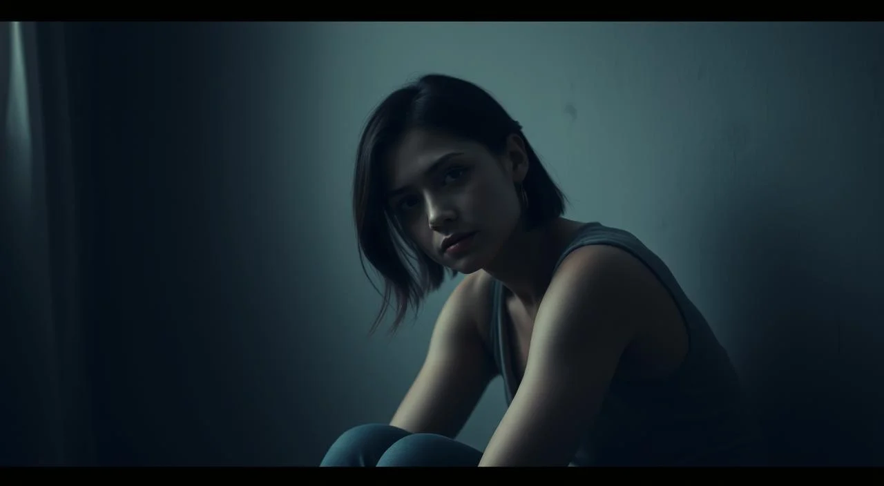 A serene, thoughtful woman sits in a dimly lit room, her face partly obscured by shadows, conveying a sense of emotional introspection. The background features muted tones and soft, hazy textures, creating an atmosphere of quiet contemplation. Subtle lighting highlights the subject's pensive expression, suggesting a journey of self-reflection and the process of overcoming emotional barriers. The composition is balanced, with the woman's posture and gaze drawing the viewer into her inner world, inviting them to explore the complexities of the human experience.