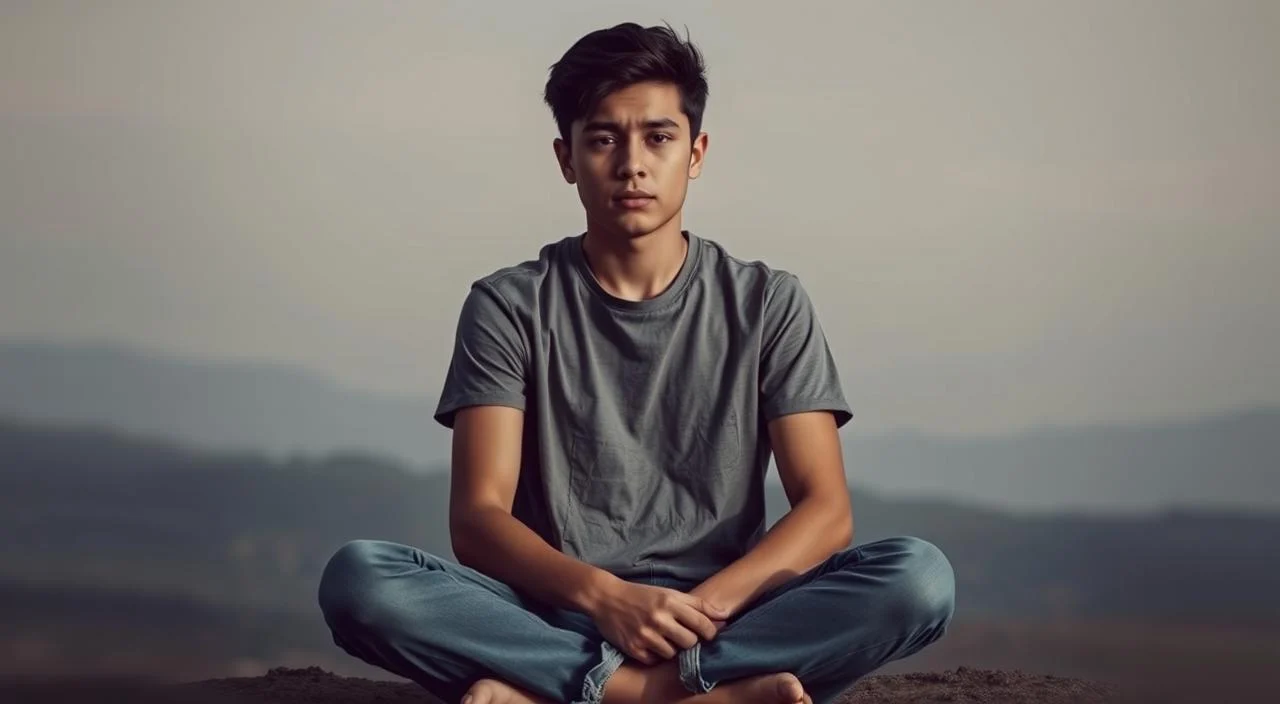 A serene, thoughtful young person sitting cross-legged, deep in contemplation. The subject's face is softly lit, highlighting a pensive expression. The background is a calming, abstract landscape with muted colors and gentle gradients, creating a sense of inner peace and reflection. The overall mood is one of introspection and the psychological benefits that can arise from anxiety - increased self-awareness, empathy, and resilience. The composition is balanced, with the subject positioned centrally, surrounded by the tranquil environment. A 35mm lens captures this intimate, psychological moment in a cinematic style.
