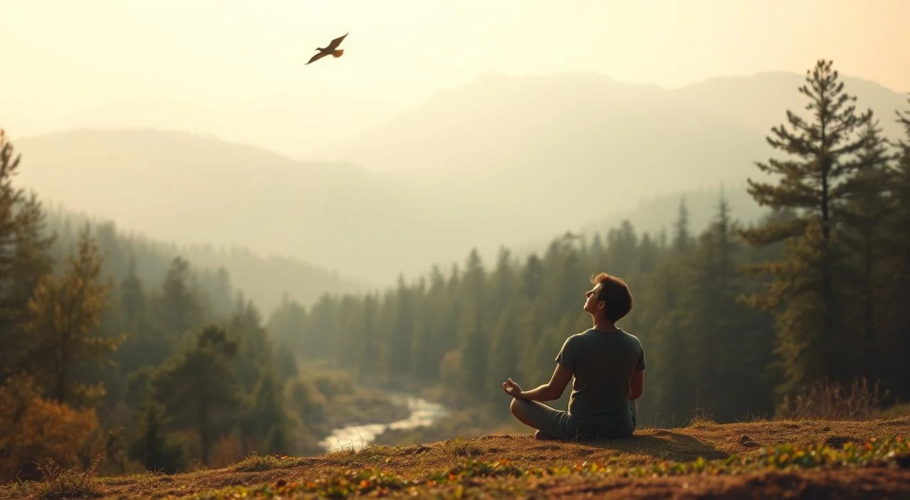A serene, tranquil landscape with a soft, hazy atmosphere. In the foreground, a person sits cross-legged, their eyes closed in meditation, radiating a sense of inner peace. The middle ground features a lush forest, with verdant trees and a calming stream. In the background, a distant mountain range is shrouded in mist, conveying a sense of mystery and the unknown. The lighting is soft and diffused, creating a contemplative and introspective mood. A single bird soars overhead, symbolizing the freedom from the burdens of anxiety and depression. The scene evokes a sense of balance, harmony, and the healing power of nature.
