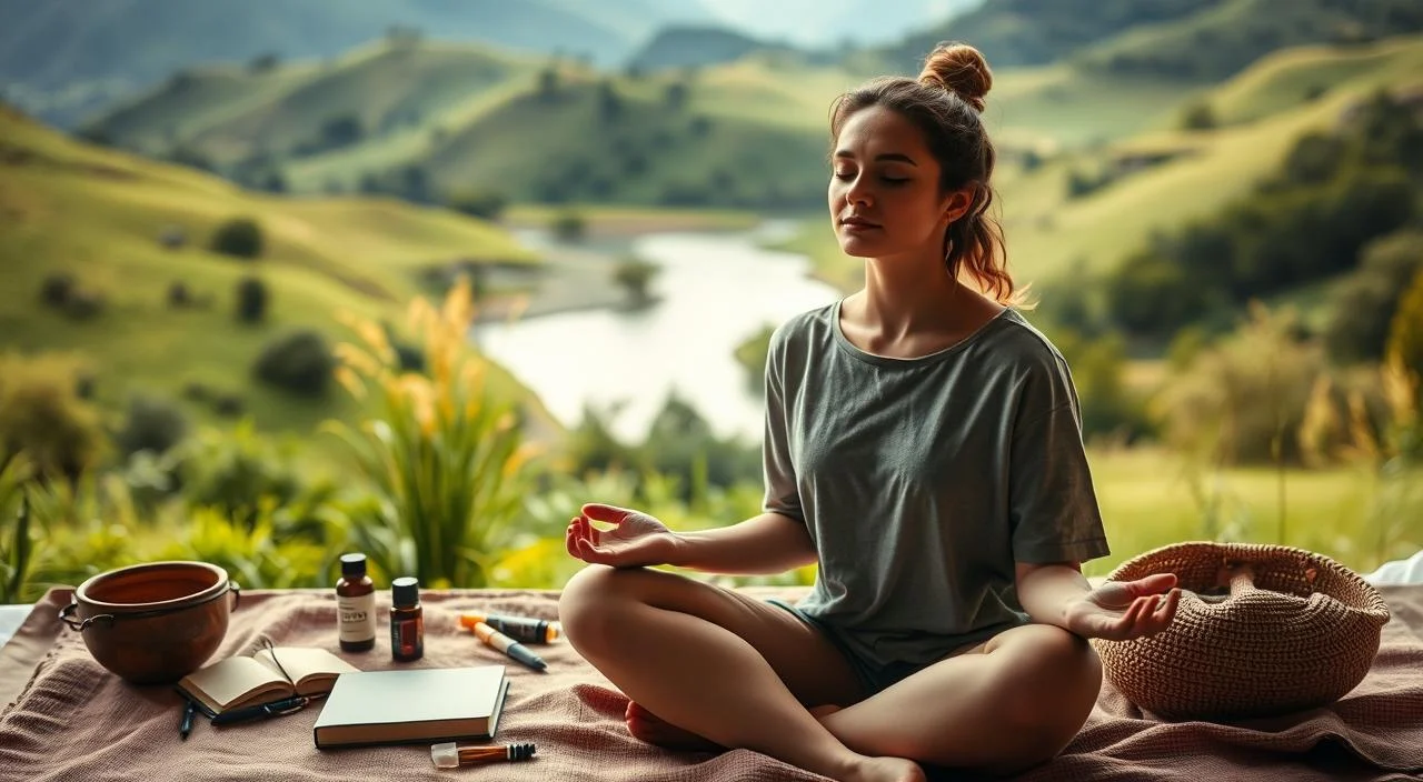 A serene, tranquil scene depicting practices for positive self-image. In the foreground, a person sits cross-legged in a meditative pose, eyes closed, hands resting gently on their lap. Soft, warm lighting illuminates their face, conveying a sense of inner peace and calm. The middle ground features various self-care items, such as a journal, crystals, and essential oils, symbolizing the rituals and tools used to cultivate self-acceptance. In the background, a lush, verdant landscape with rolling hills and a calming river or lake sets the stage for this contemplative moment. The overall atmosphere is one of introspection, self-care, and the journey towards a healthy, positive self-image.
