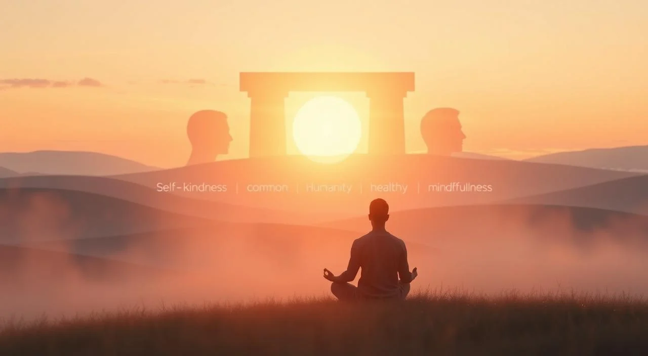 A serene, warm-lit scene depicting the "pillars of self-compassion". In the foreground, a tranquil figure sits in a meditative pose, enveloped in a soft, comforting glow. The middle ground features abstract, organic shapes that symbolize the key elements of self-compassion - self-kindness, common humanity, and mindfulness. In the background, a dreamlike landscape unfolds, with gentle hills, soothing natural textures, and a calming, pastel-hued sky. The composition conveys a sense of inner peace, acceptance, and nourishing self-care.