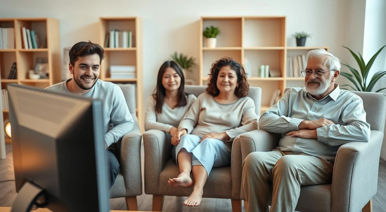 A serene, warm-lit therapy session with a diverse group of clients - young, middle-aged, and elderly - engaged in online counseling. The foreground features a desktop computer with a video call interface, showcasing the virtual connection. In the middle ground, the clients sit comfortably in cozy armchairs, their faces expressing a range of emotions - from contemplation to relief. The background depicts a calming, neutral-toned office space with bookshelves and potted plants, creating a sense of safety and professionalism. The lighting is soft and diffused, creating a reassuring atmosphere. The composition emphasizes the inclusive and accessible nature of online psychotherapy, catering to individuals of all ages.