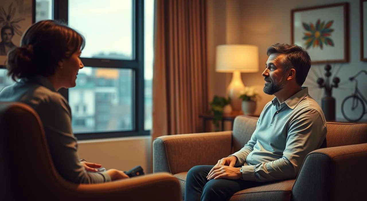 A serene, warmly-lit office setting with a couch, armchair, and a large window overlooking a cityscape. In the foreground, a patient and therapist sit engaged in a discussion, their body language conveying understanding and compassion. The therapist's expression is one of thoughtful attentiveness, while the patient's face reflects a sense of openness and trust. The room is adorned with subtle, calming decor elements that create an atmosphere of safety and introspection. Soft, diffused lighting casts a gentle glow, enhancing the tranquil ambiance of the cognitive-behavioral therapy session.