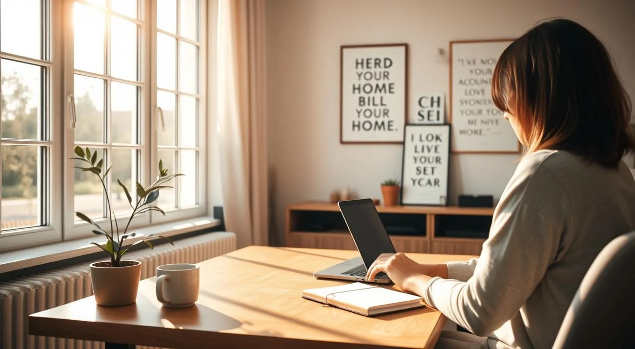 Contact Us A serene, well-lit home office setting showcasing techniques for building online self-confidence. In the foreground, a person sits at a minimalist wooden desk, intently focused on a laptop screen. Warm natural lighting filters through large windows, casting a soft glow. On the desk, a plant, a mug of tea, and a notebook convey a sense of mindfulness. In the middle ground, inspirational wall art and motivational quotes are displayed, subtly guiding the viewer. The background features a neutral-toned, calming interior design, creating an atmosphere of tranquility and self-assurance. The overall scene evokes a feeling of empowerment and digital self-care.