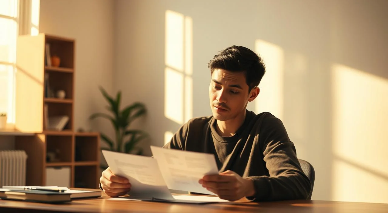 A serene, well-lit indoor scene depicting a person thoughtfully reviewing constructive feedback. The individual is seated at a desk, intently focused on notes or documents, their expression contemplative. Warm, natural lighting floods the space, creating a calming atmosphere. The background features minimalist, uncluttered shelves or décor, subtly suggesting a professional, yet personal workspace. Soft, muted tones predominate, with accents of earthy hues to convey a sense of introspection and growth. The overall composition should visually represent the subject of overcoming the fear of criticism and transforming it into a learning opportunity.