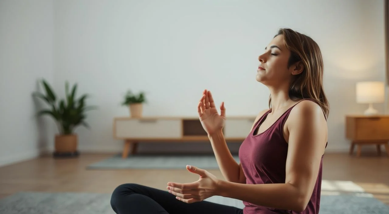 A serene, well-lit indoor setting with a person sitting in a comfortable meditation pose, performing a series of deep, controlled breathing exercises. The foreground features the person's upper body in focus, with their hands gently resting on their lap and their eyes closed in a tranquil expression. The middle ground showcases a simple, minimalist room with clean lines and neutral colors, creating a calming ambiance. The background subtly blurs out, allowing the viewer to focus on the breathing techniques being demonstrated. The overall mood is one of relaxation, mindfulness, and guidance towards managing social anxiety through practical, grounding exercises.