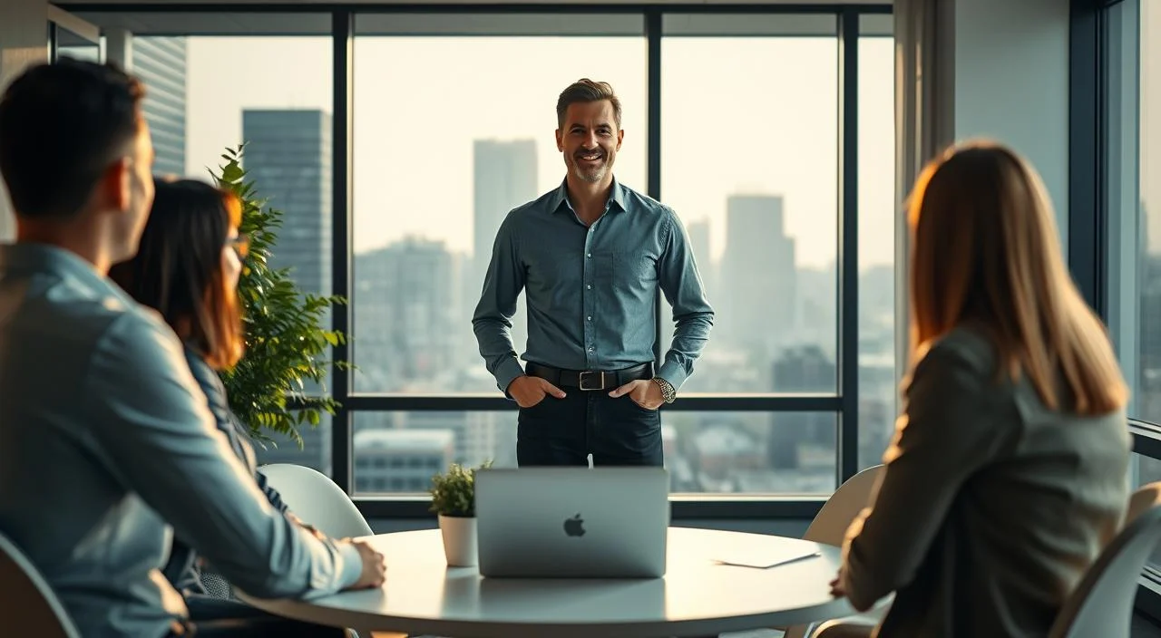 A serene, well-lit office setting with an employee standing confidently, facing a group of colleagues. The middle ground features a round table, a laptop, and a potted plant, conveying a sense of professionalism and open communication. The background showcases a large window overlooking a cityscape, casting a warm, natural light throughout the scene. The employee's posture and facial expression radiate a sense of calm and composure, suggesting they have overcome their fear of feedback and are ready to engage in a constructive discussion. The overall atmosphere is one of trust, collaboration, and personal growth within a professional environment.