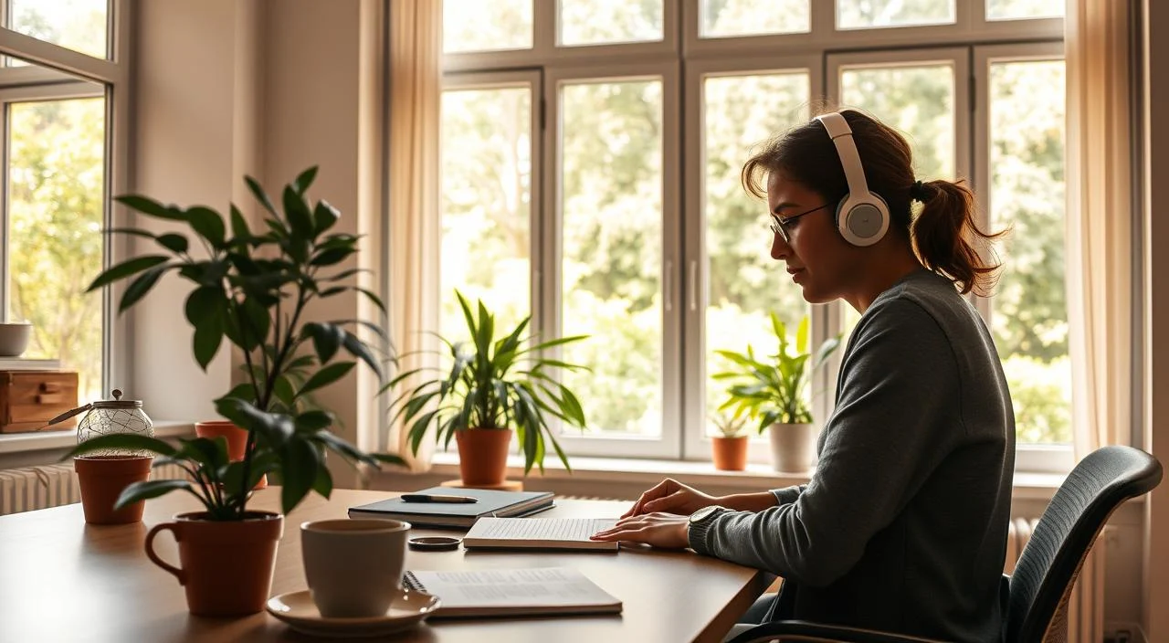 A serene, well-lit office space with warm, natural lighting. In the foreground, a person sits at a desk, focused yet relaxed, taking notes in a journal. The middle ground features a potted plant, a cup of tea, and a pair of noise-cancelling headphones, symbolizing strategies for managing anxiety. The background showcases a large window overlooking a lush, tranquil garden, hinting at the calming influence of nature. The overall atmosphere is one of thoughtfulness, productivity, and a sense of balance between mental focus and inner peace.