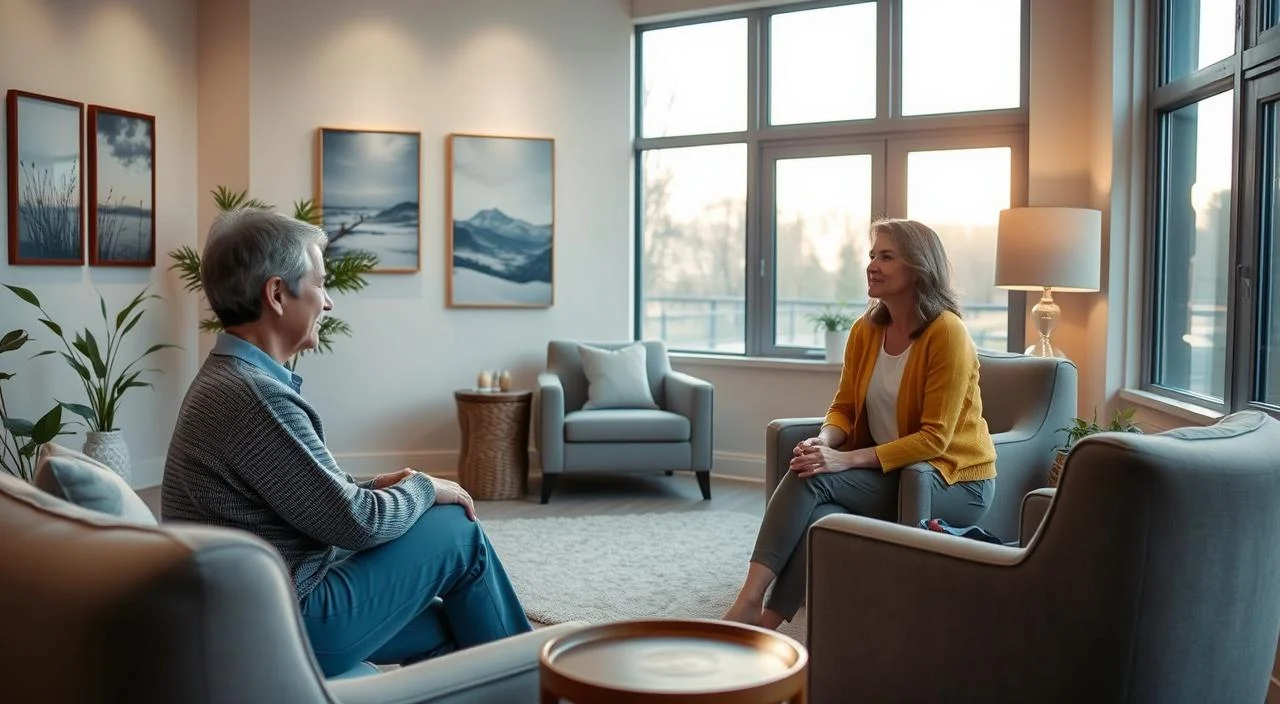 A serene, well-lit therapy room with comfortable furniture and soothing decor. In the foreground, a patient and a therapist engaged in a thoughtful discussion, their body language conveying trust and understanding. The middle ground features calming artwork on the walls, suggesting a nurturing and introspective environment. The background depicts a tranquil outdoor scene, with soft natural light filtering in through large windows, symbolizing the healing journey of mental health treatment.