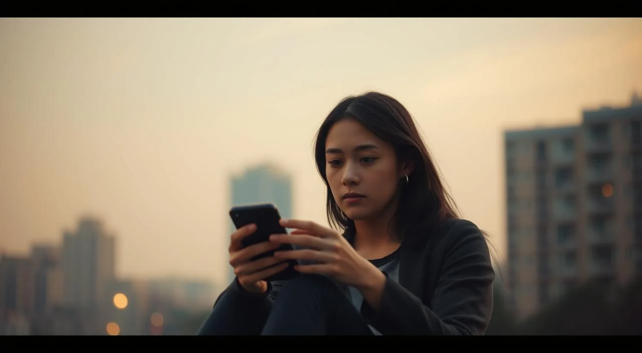 A serene yet pensive scene, a young woman sits alone, her gaze fixed intently on a smartphone in her hands. The backdrop is a softly blurred cityscape, hinting at the constant connectivity and digital influence that permeates modern life. Warm, diffused lighting casts a contemplative mood, as the subject appears lost in thought, perhaps grappling with the complex emotions and social pressures that social media can engender. Subtle details, such as a furrowed brow or a pensive expression, convey the internal struggle of navigating the digital landscape. The composition is balanced, with the subject occupying the central focus, while the surrounding environment provides a sense of context and introspection.